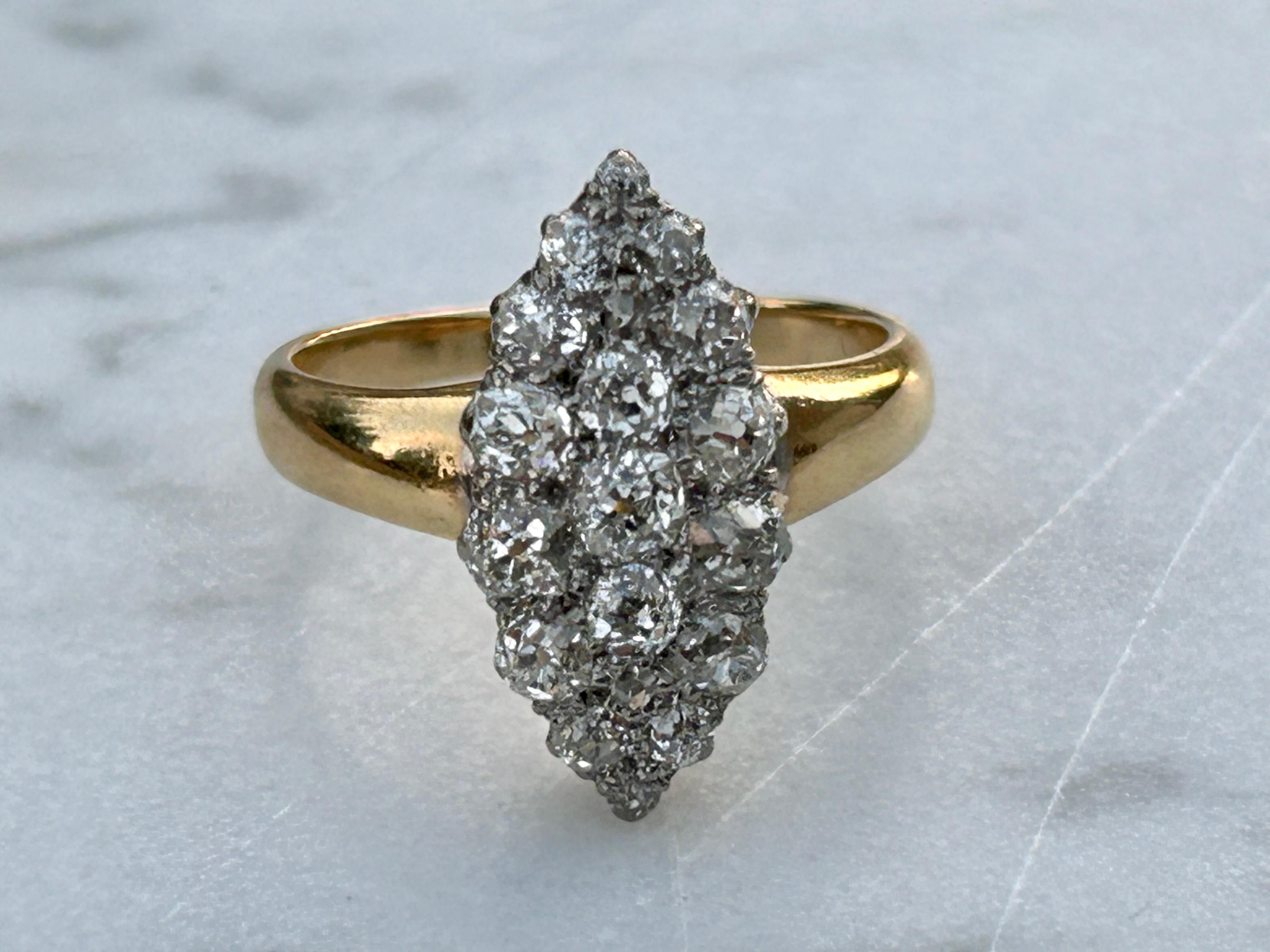 Victorian Old Mine Cut Diamond 1.5 Carat Navette Ring 18k & 22k ring For Sale 5