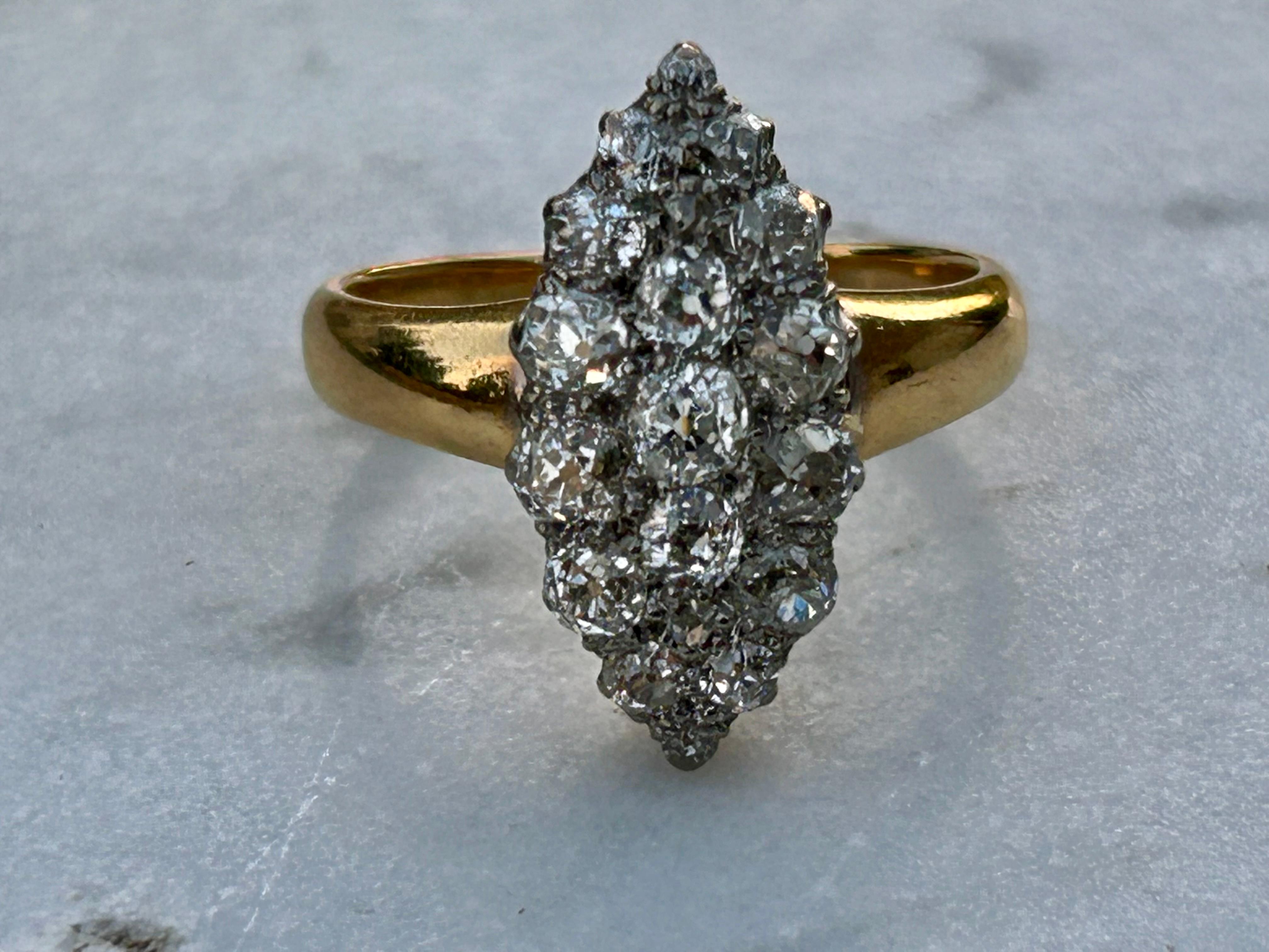 Victorian Old Mine Cut Diamond 1.5 Carat Navette Ring 18k & 22k ring For Sale 6