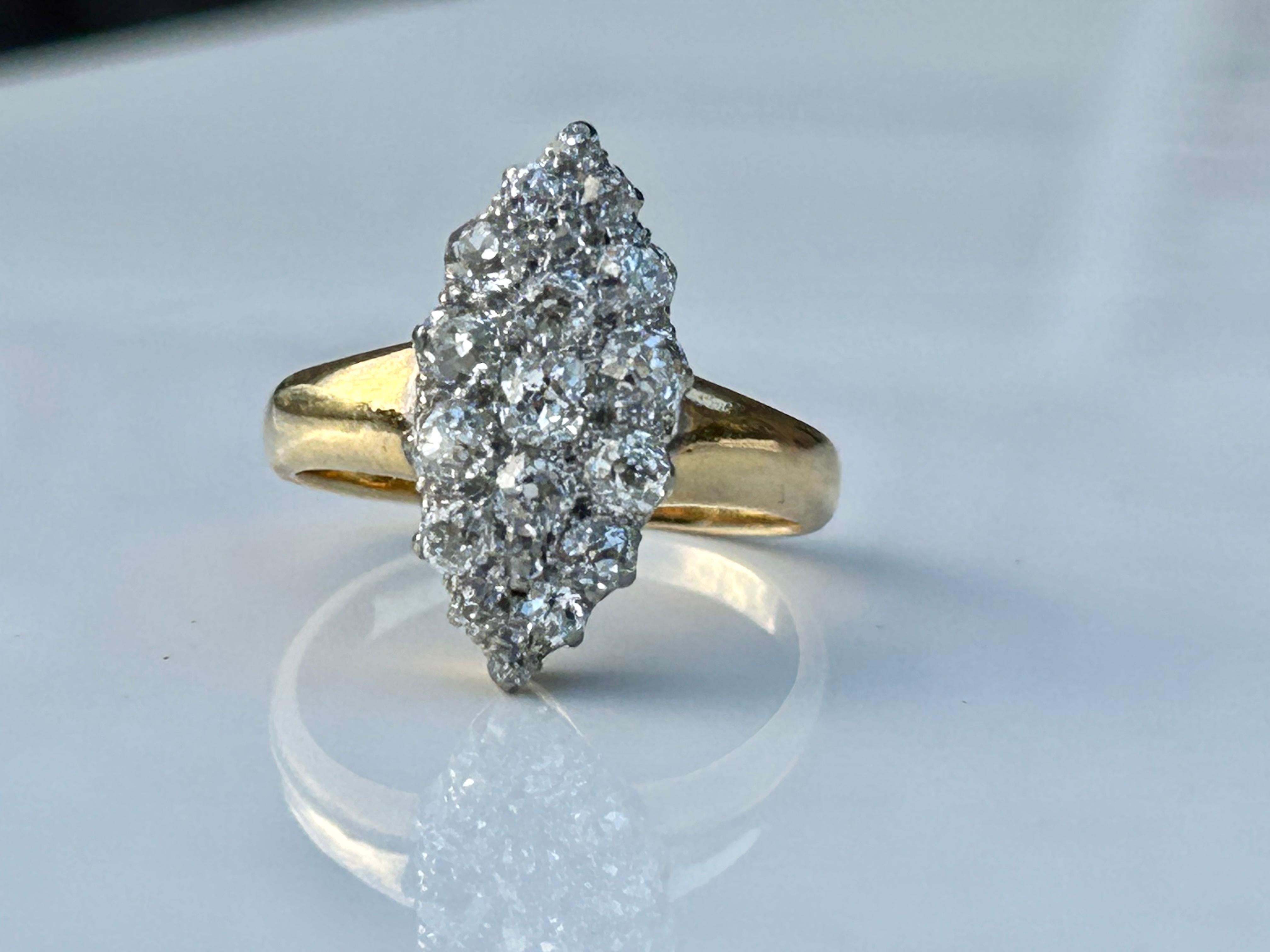 Late Victorian Victorian Old Mine Cut Diamond 1.5 Carat Navette Ring 18k & 22k ring For Sale