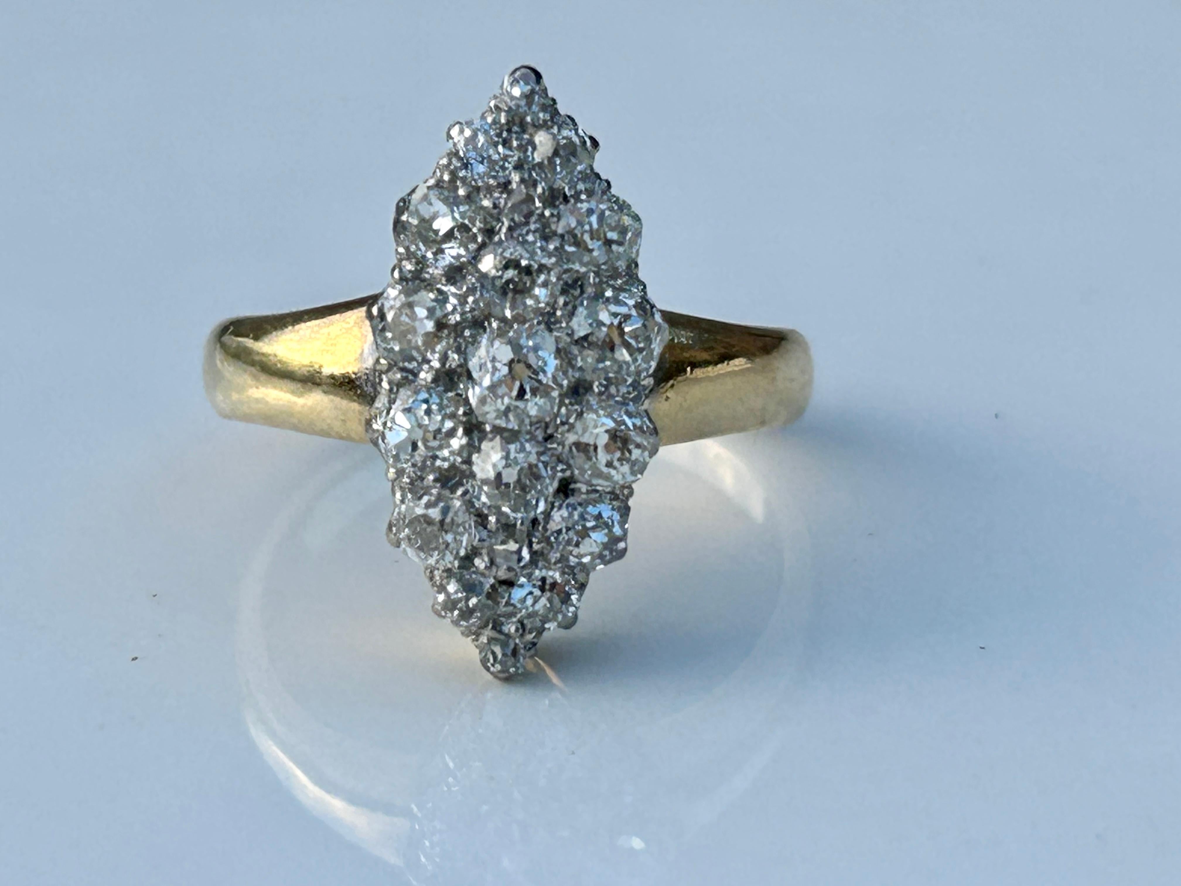 Victorian Old Mine Cut Diamond 1.5 Carat Navette Ring 18k & 22k ring In Excellent Condition For Sale In Joelton, TN
