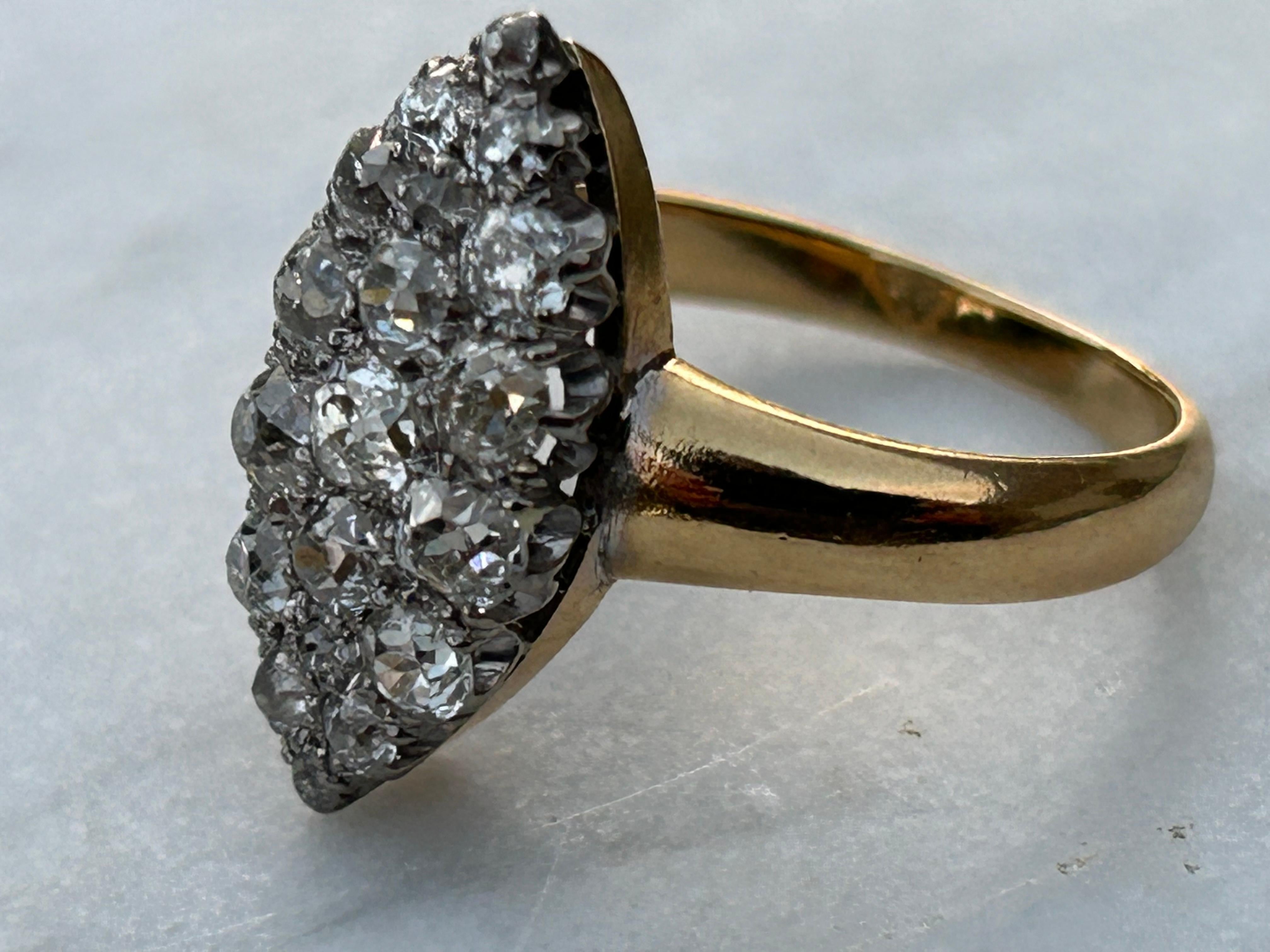 Victorian Old Mine Cut Diamond 1.5 Carat Navette Ring 18k & 22k ring For Sale 2
