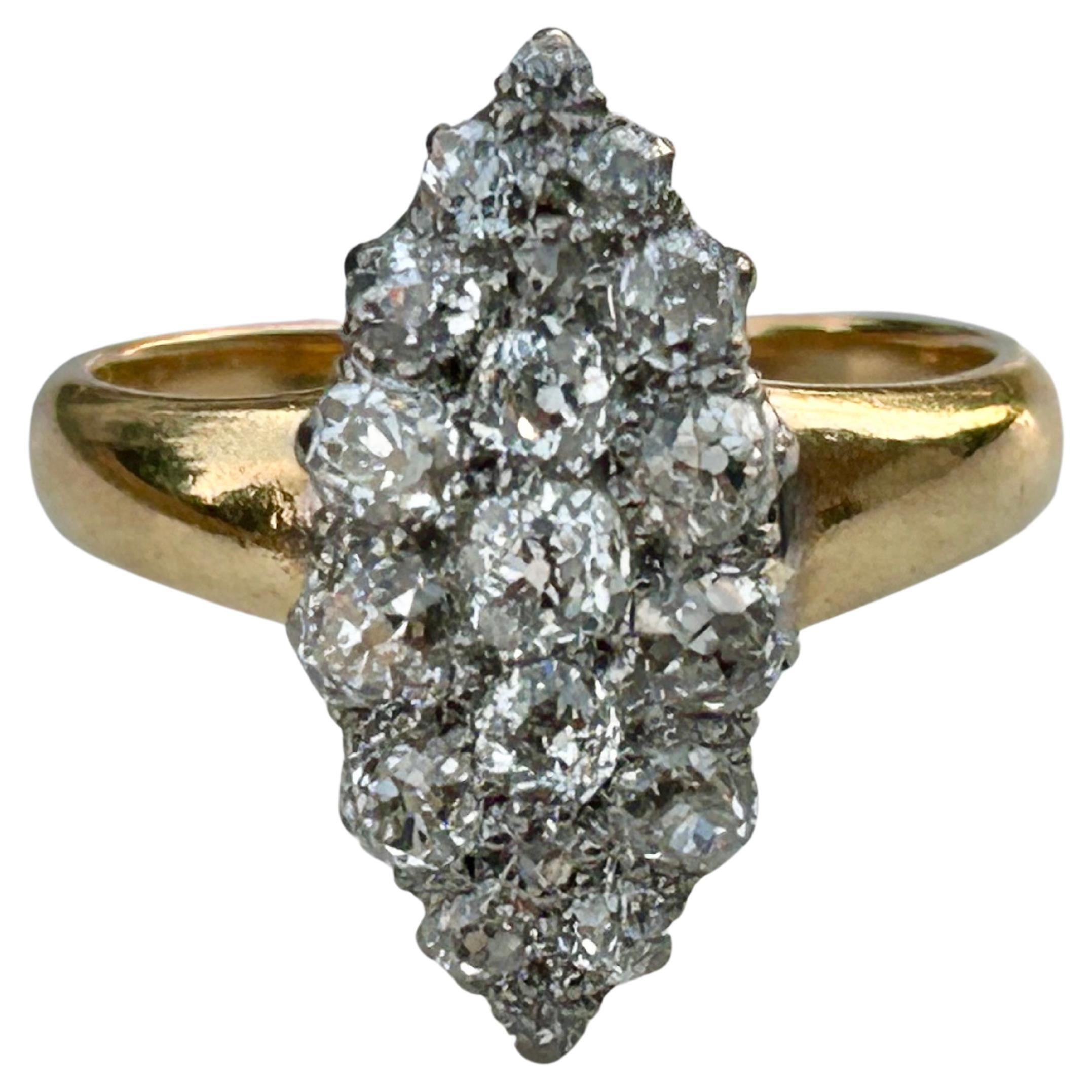 Viktorianischer Navette-Ring mit 1,5 Karat Diamant im alten Minenschliff 18k & 22k