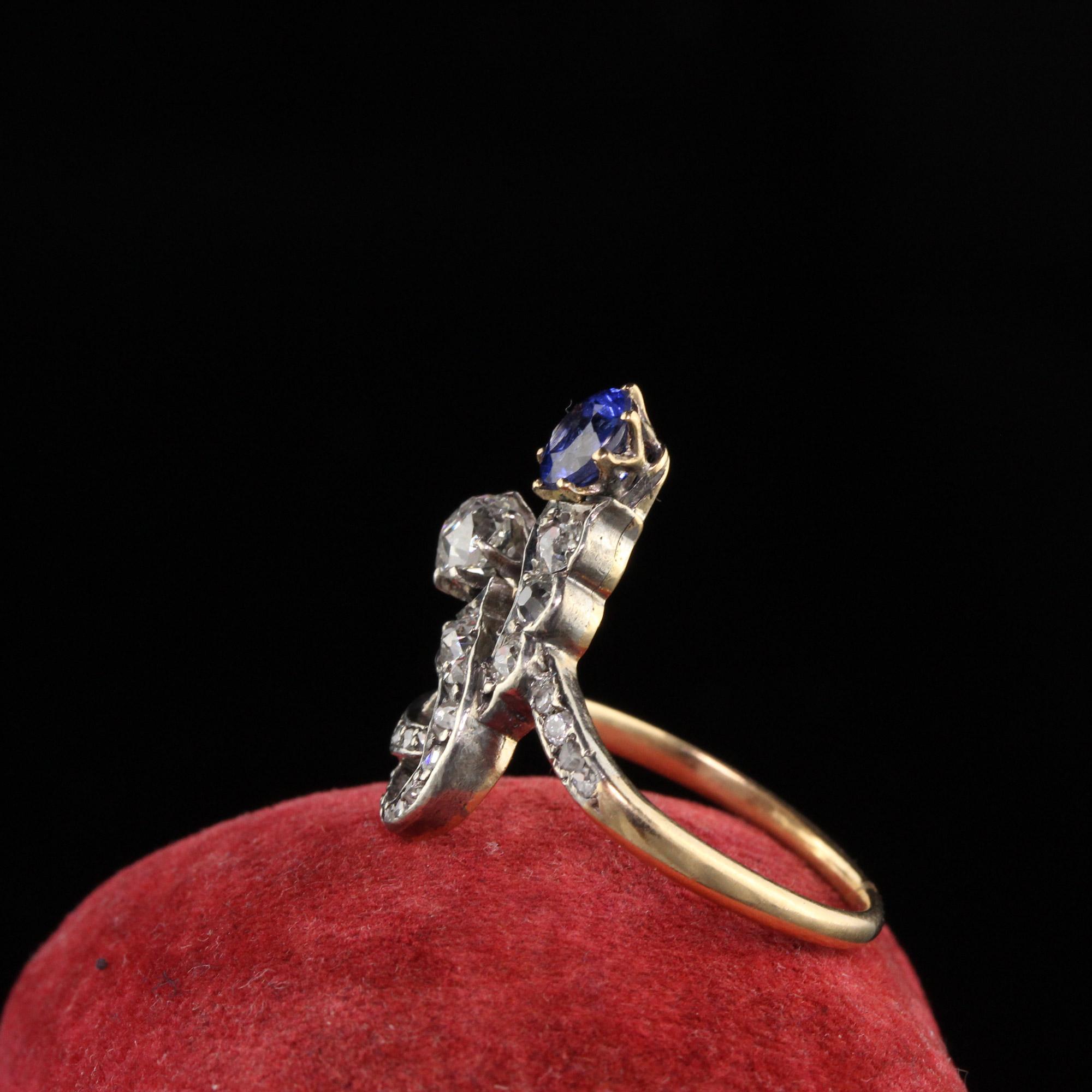 Stunning antique victorian ring with a gorgeous sapphire and old mine cut diamonds.

Item #R0506

Metal: 18K Yellow Gold

Weight: 4.0 Grams

Total Diamond Weight: Approximately 0.90 cts

Diamond Color: H

Diamond Clarity:  VS2

Ring Size: 4.75

This