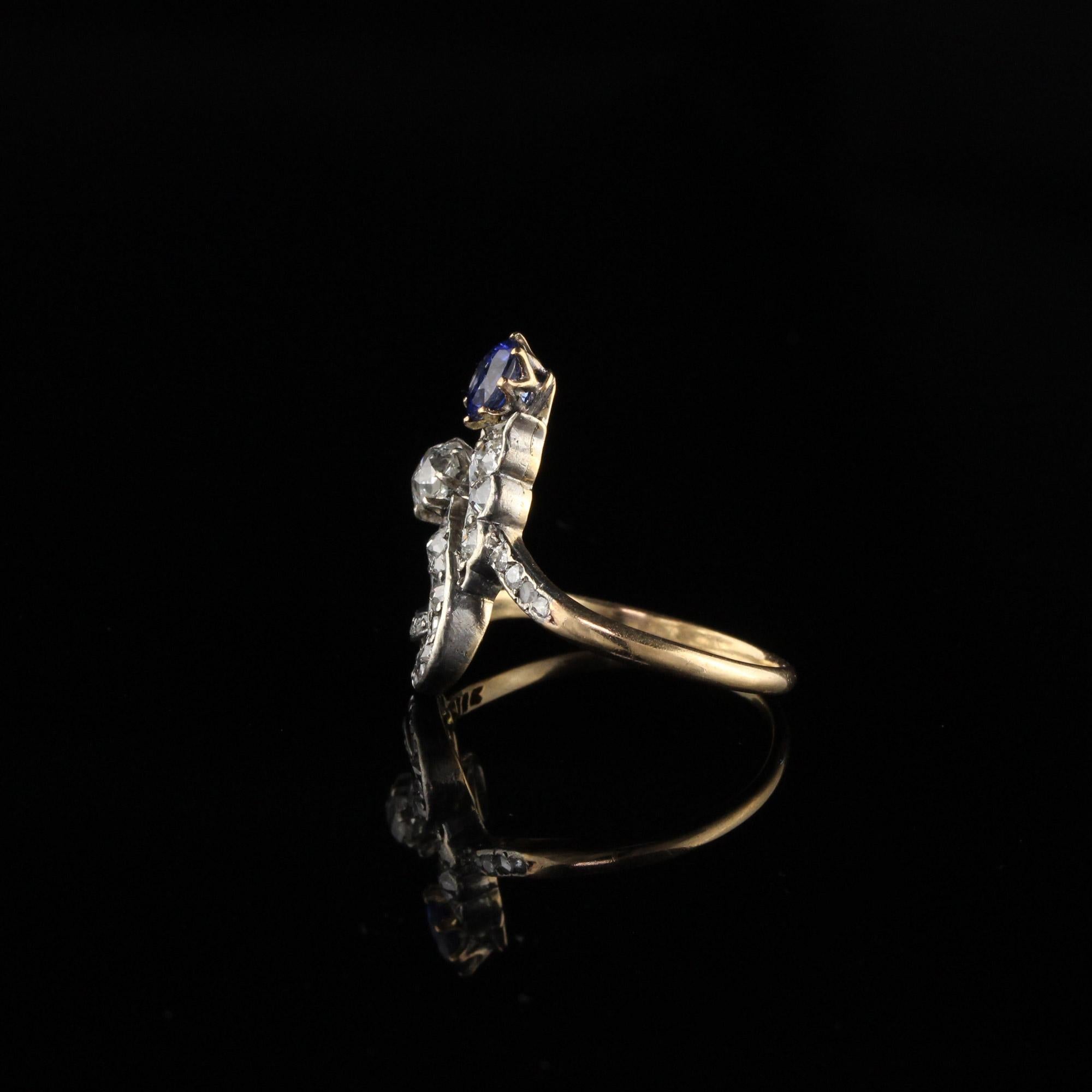 Antique Victorian Old Mine Cut Diamond and Sapphire Ring In Good Condition In Great Neck, NY