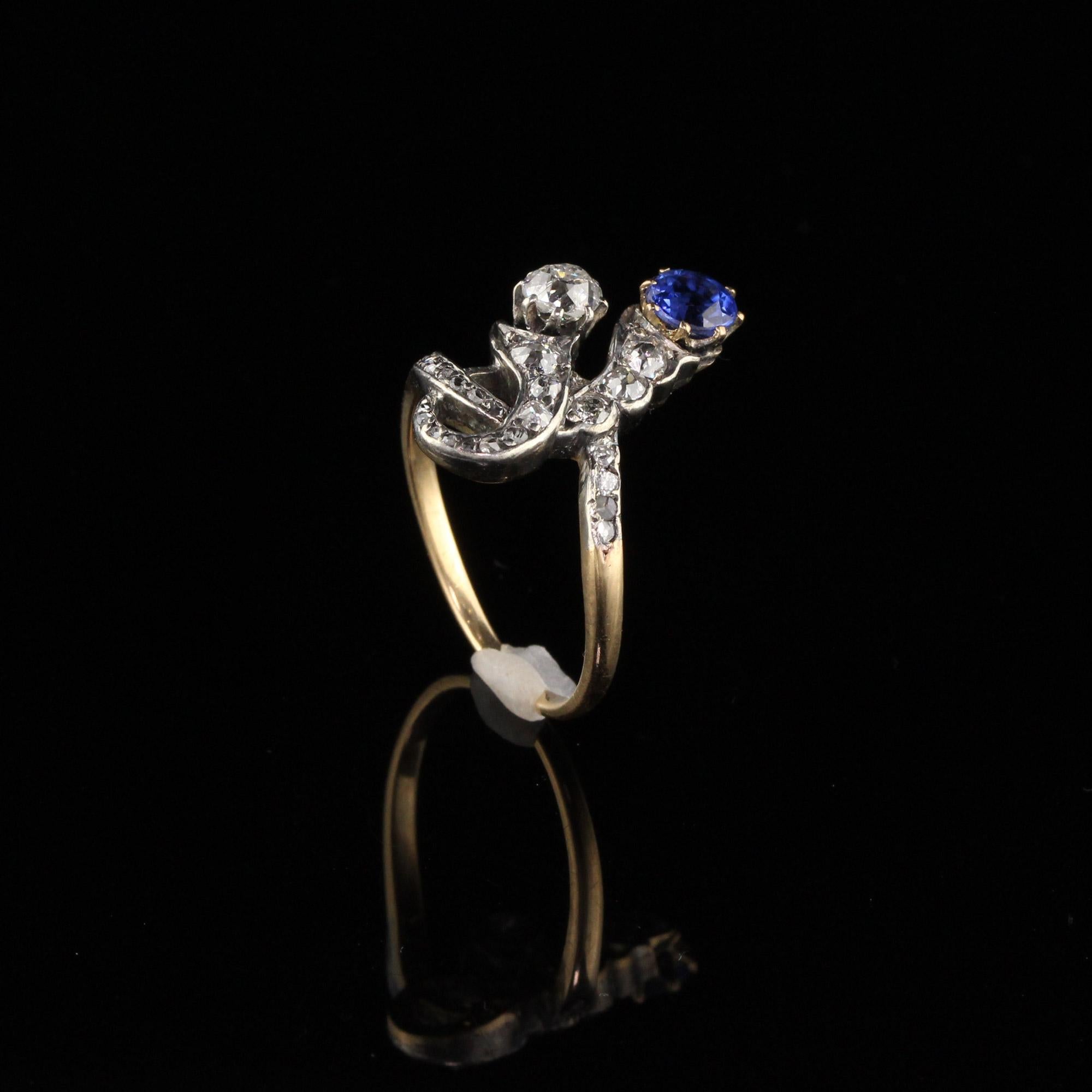 Antique Victorian Old Mine Cut Diamond and Sapphire Ring 1