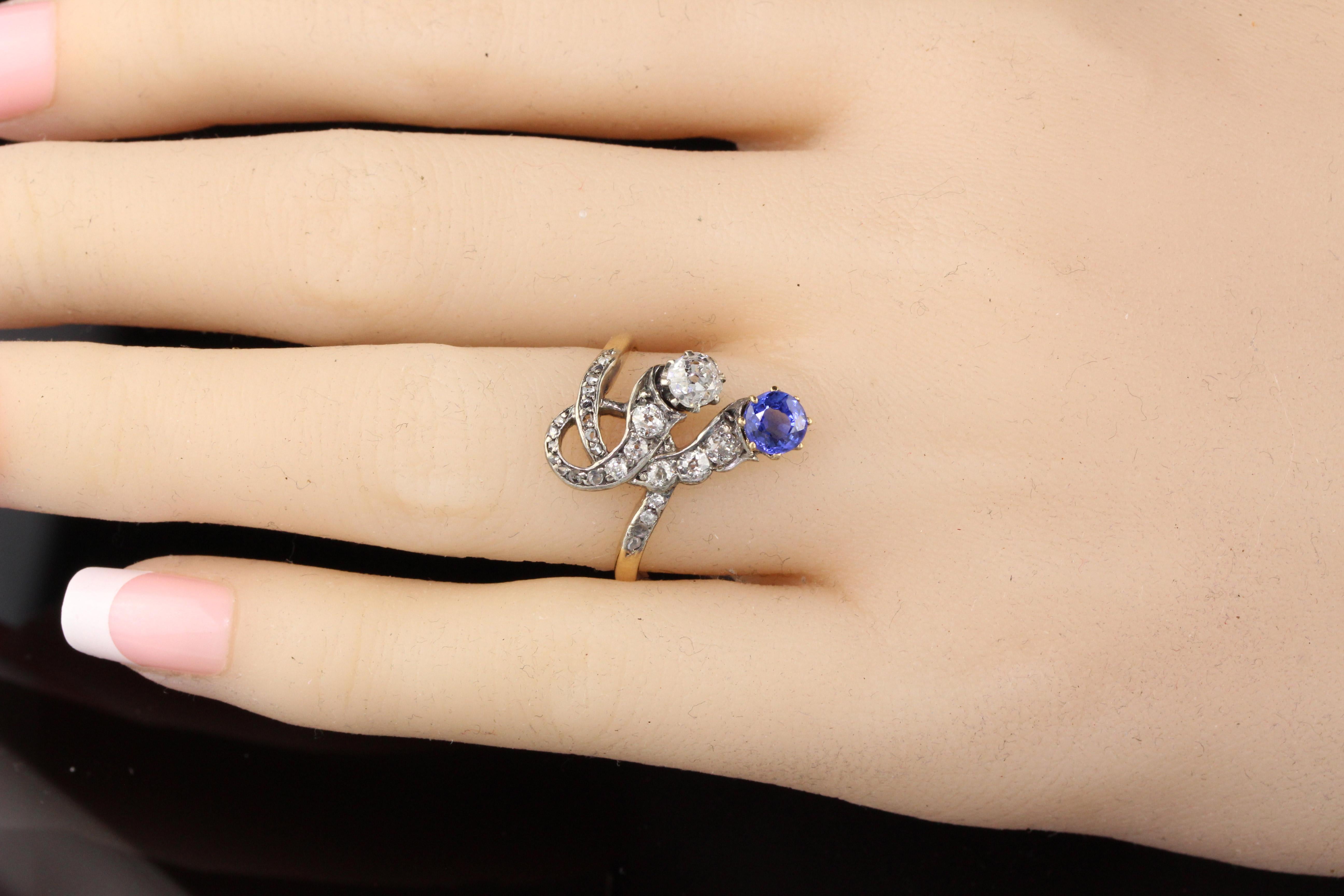 Antique Victorian Old Mine Cut Diamond and Sapphire Ring 2