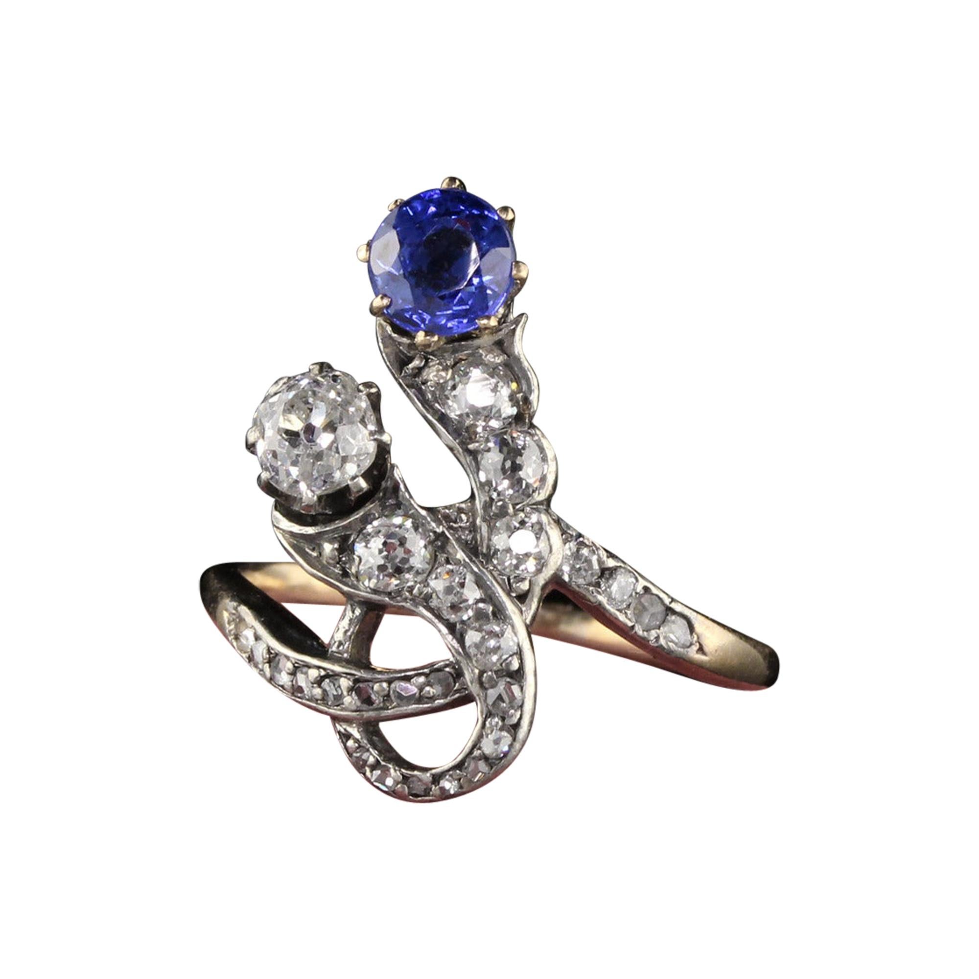 Antique Victorian Old Mine Cut Diamond and Sapphire Ring