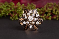 Bague en émail de deuil en diamant taille ancienne de style victorien antique