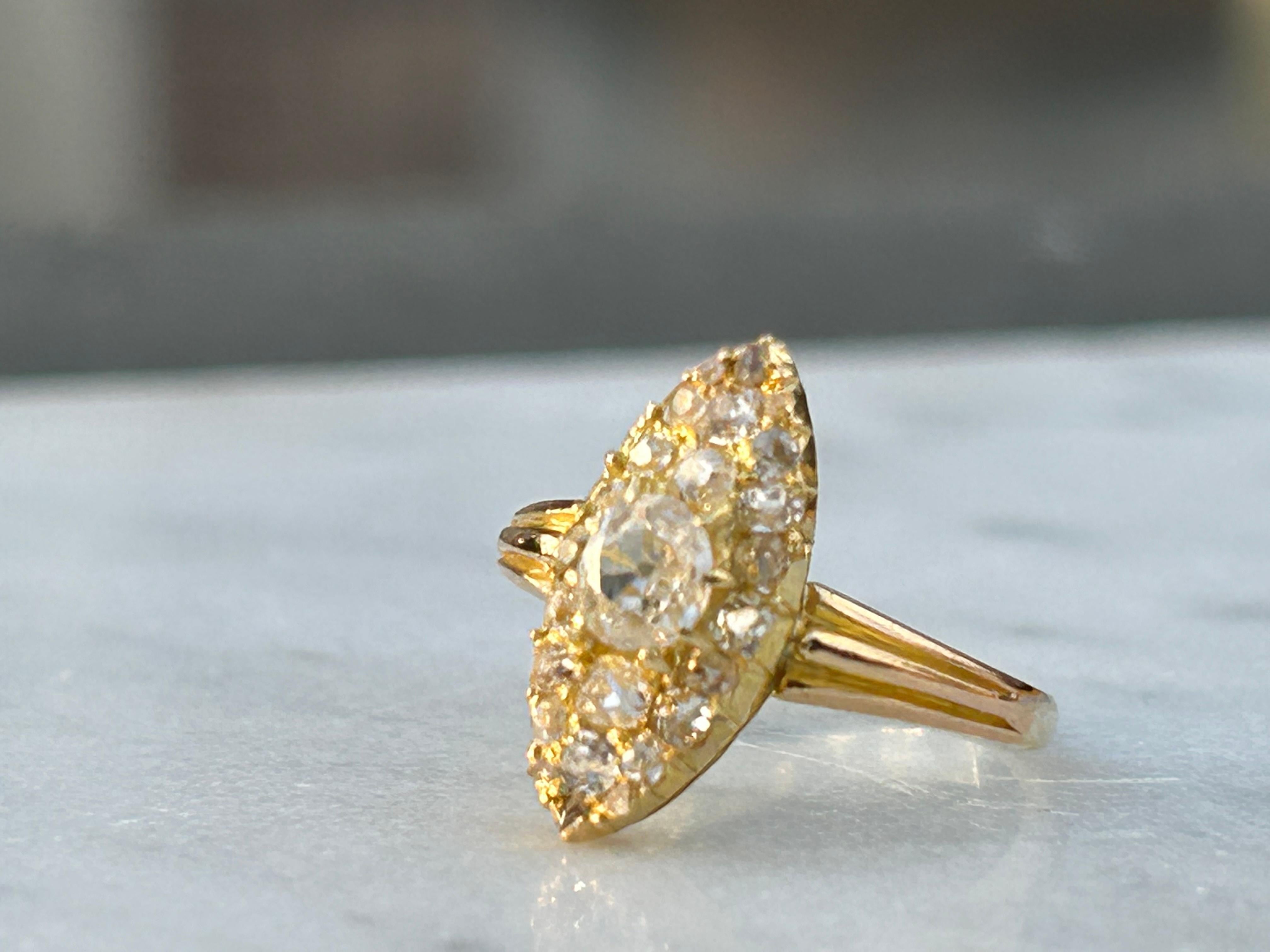 Antique Victorian Old Mine Cut Diamond Navette Cluster Ring In Excellent Condition For Sale In Joelton, TN