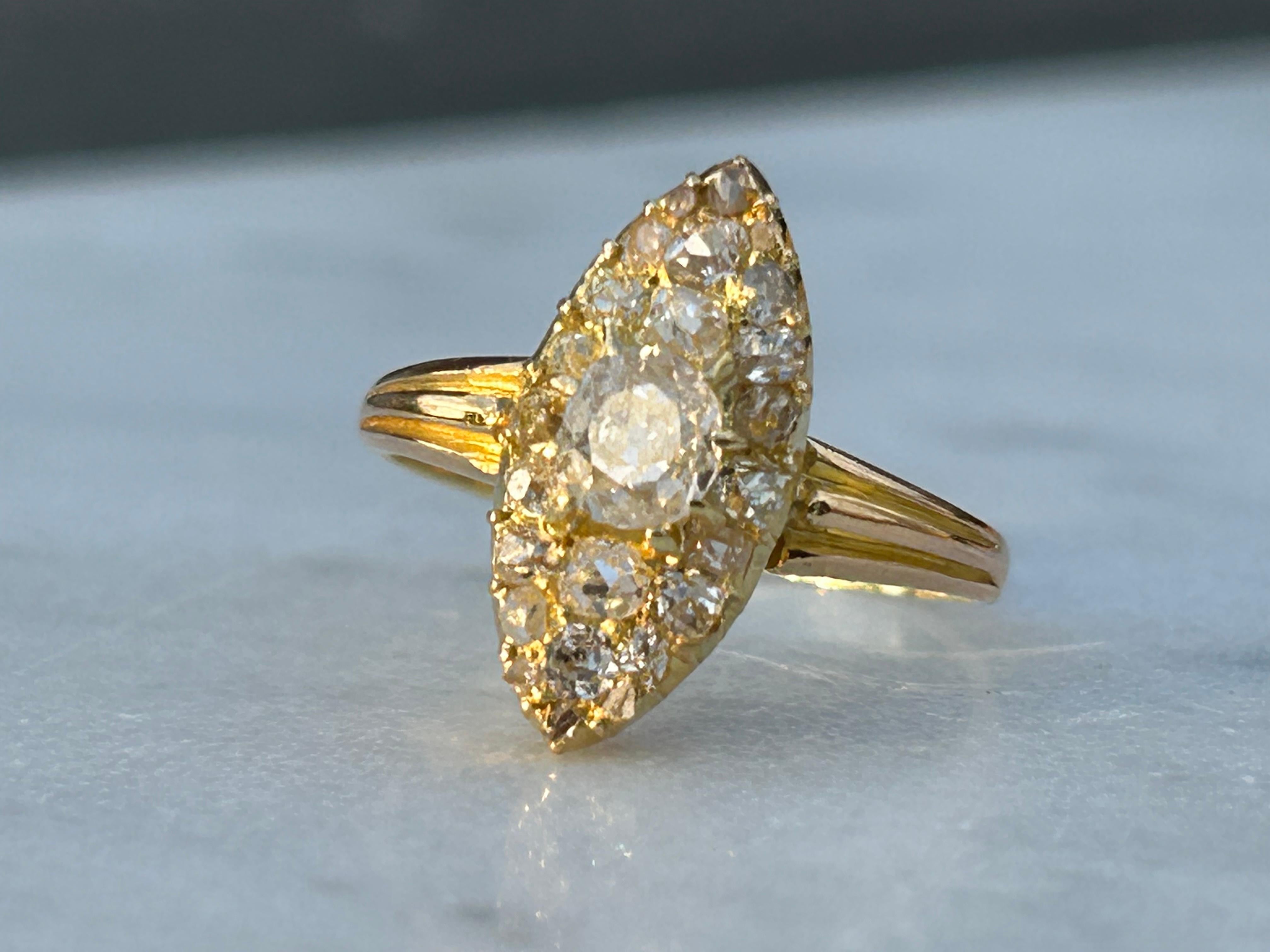 Women's Antique Victorian Old Mine Cut Diamond Navette Cluster Ring For Sale