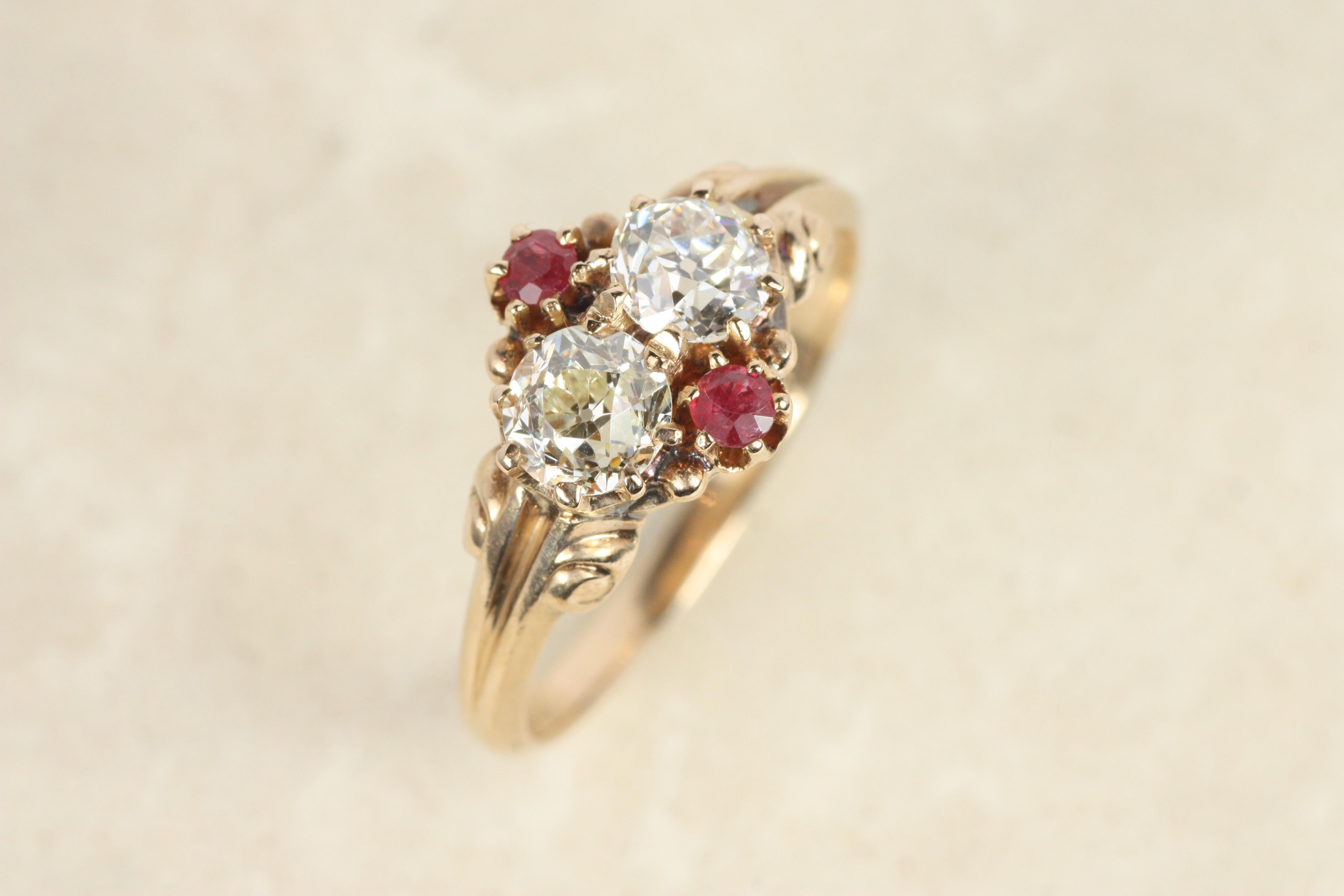 Late Victorian Antique Victorian Old Mine Cut Diamond & Ruby Ring Circa 1900 – 14K Yellow Gold For Sale