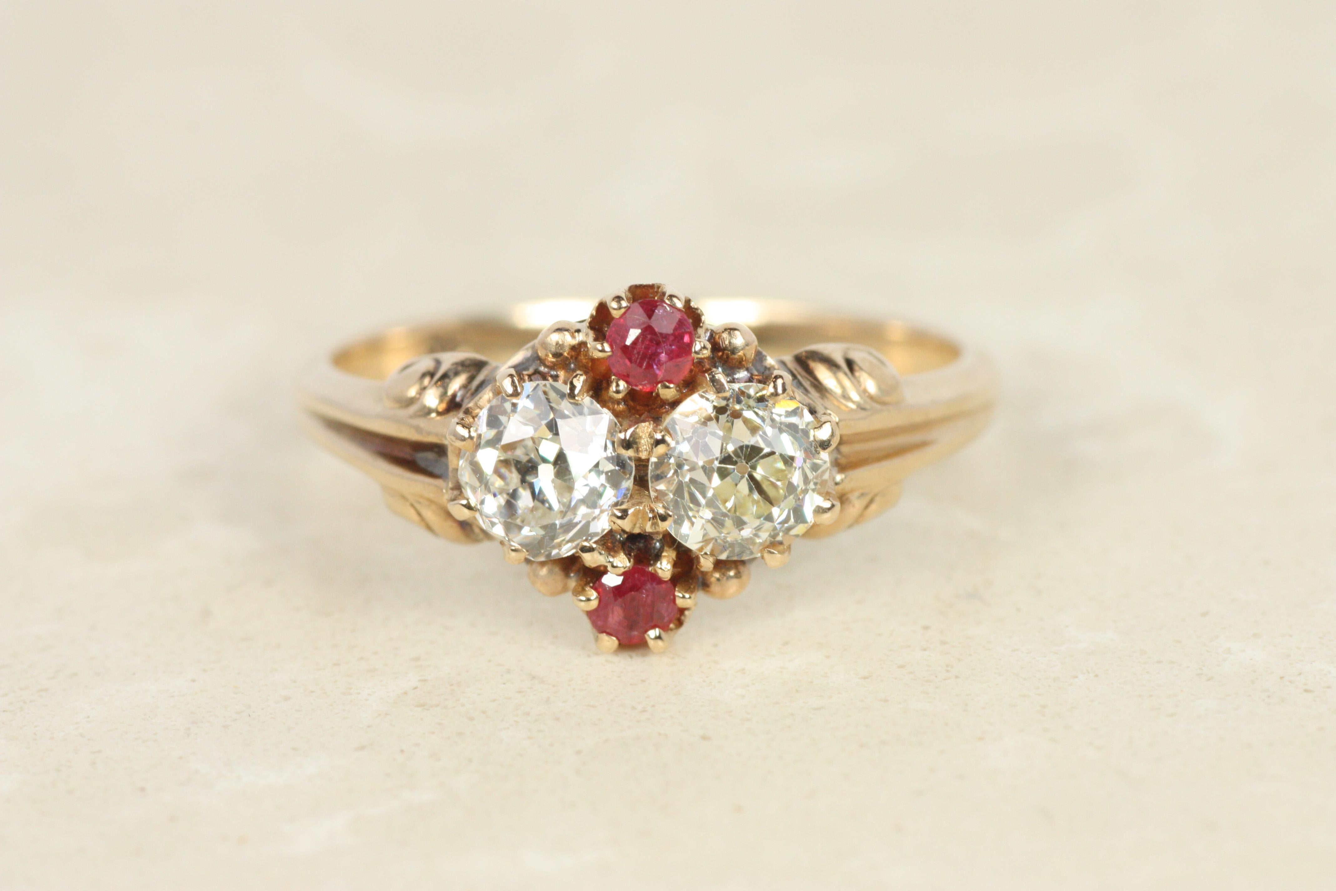 Antique Victorian Old Mine Cut Diamond & Ruby Ring Circa 1900 – 14K Yellow Gold In Good Condition For Sale In Santa Monica, CA