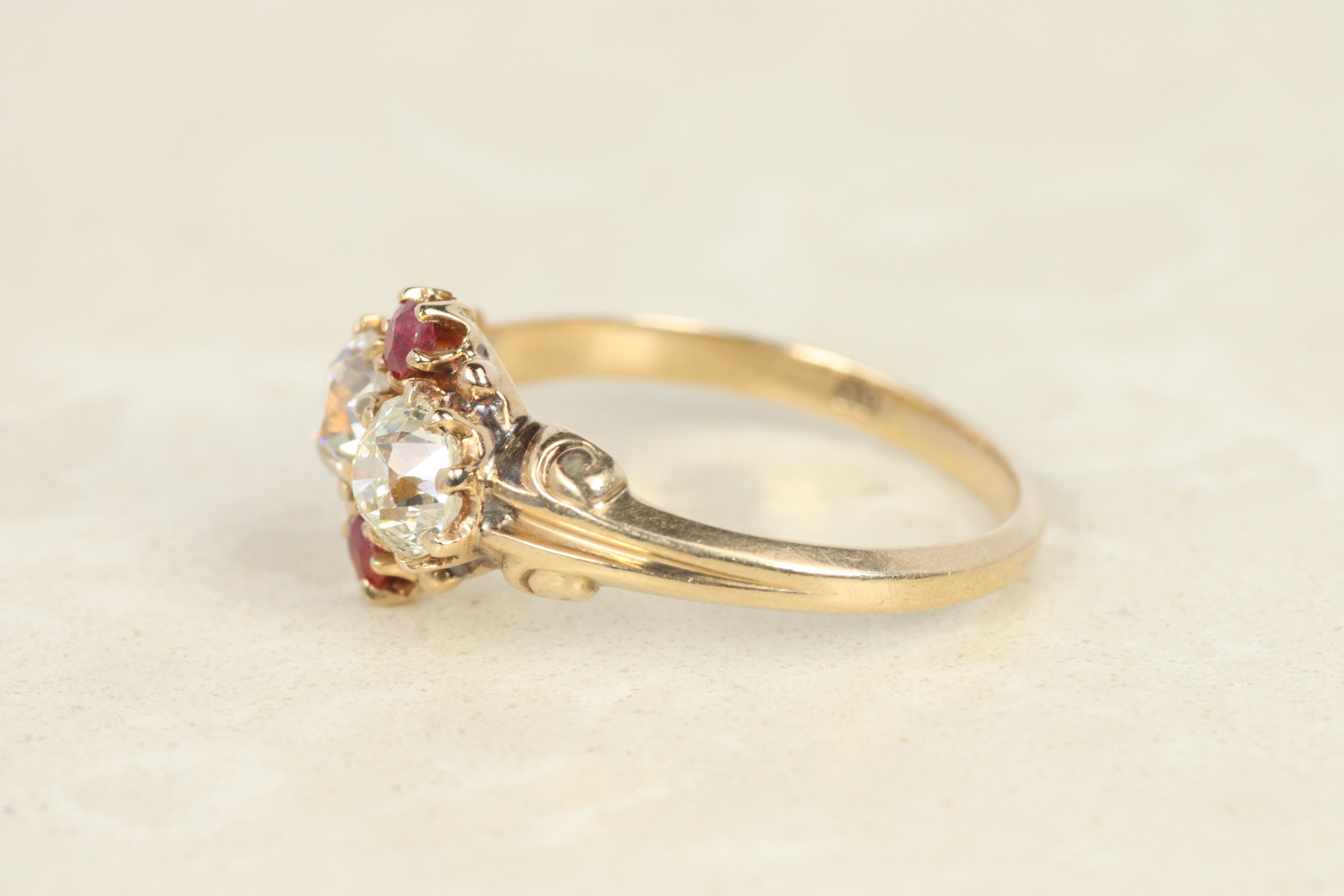 Antique Victorian Old Mine Cut Diamond & Ruby Ring Circa 1900 – 14K Yellow Gold For Sale 1