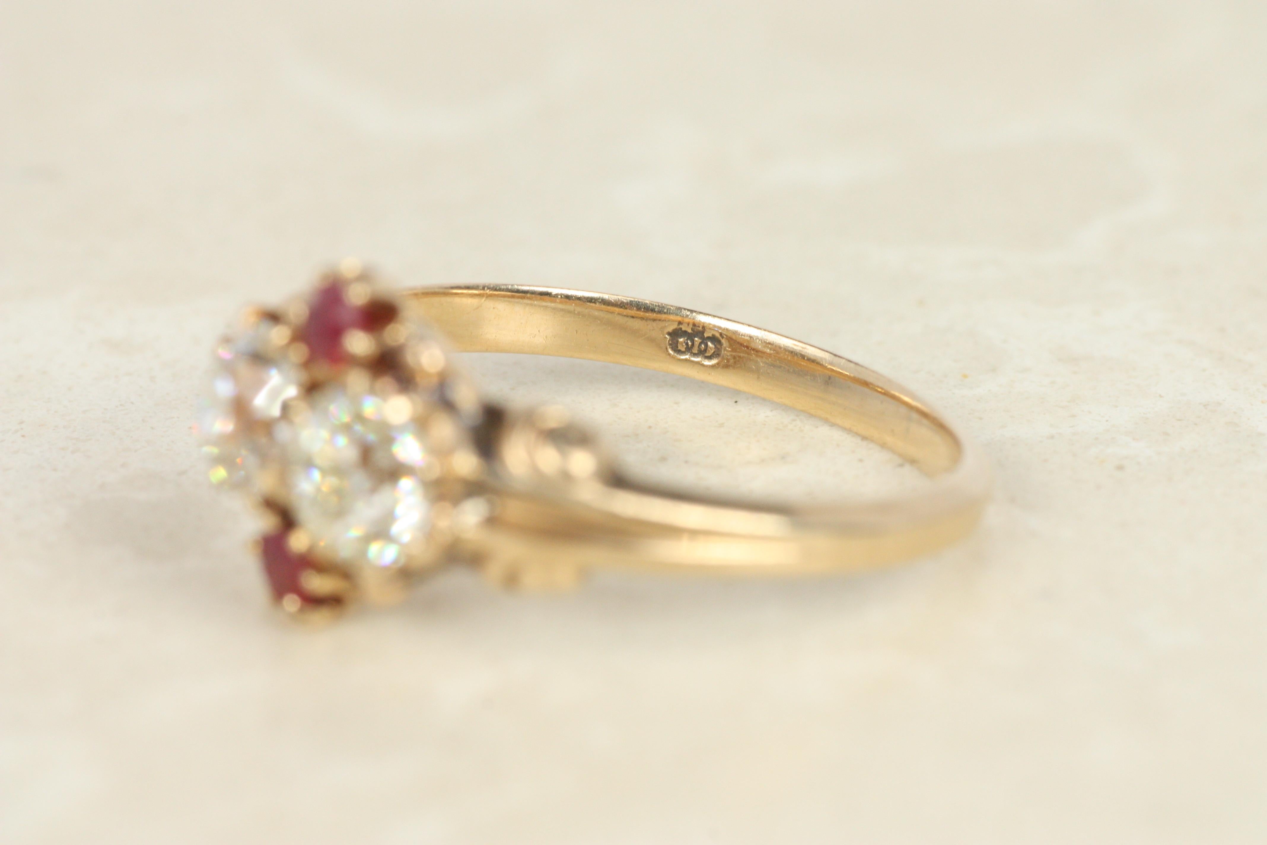 Antique Victorian Old Mine Cut Diamond & Ruby Ring Circa 1900 – 14K Yellow Gold For Sale 2