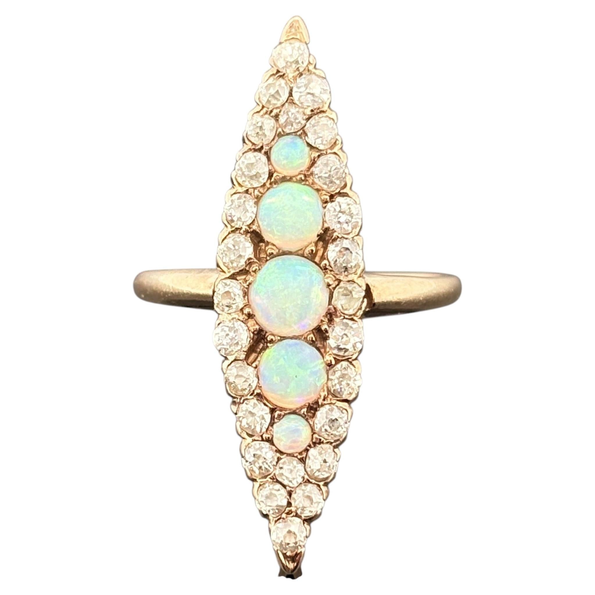 Antique Victorian Old Mine Diamond and Opal 14k Gold Cluster Ring