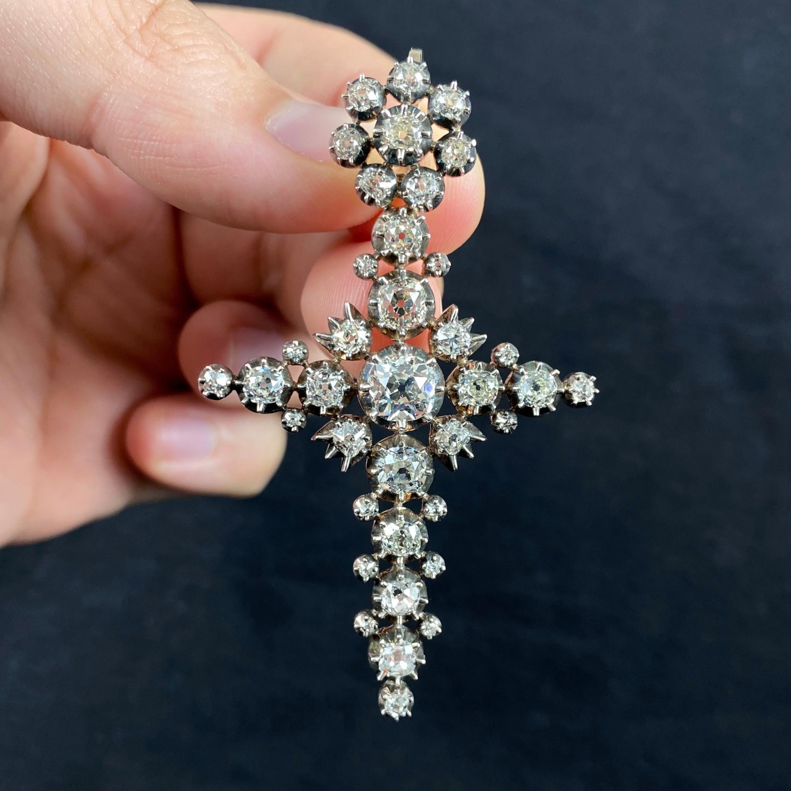 Antique Victorian Old Mine Diamond Cross Pendant Silver Gold Portuguese c. 1880 7