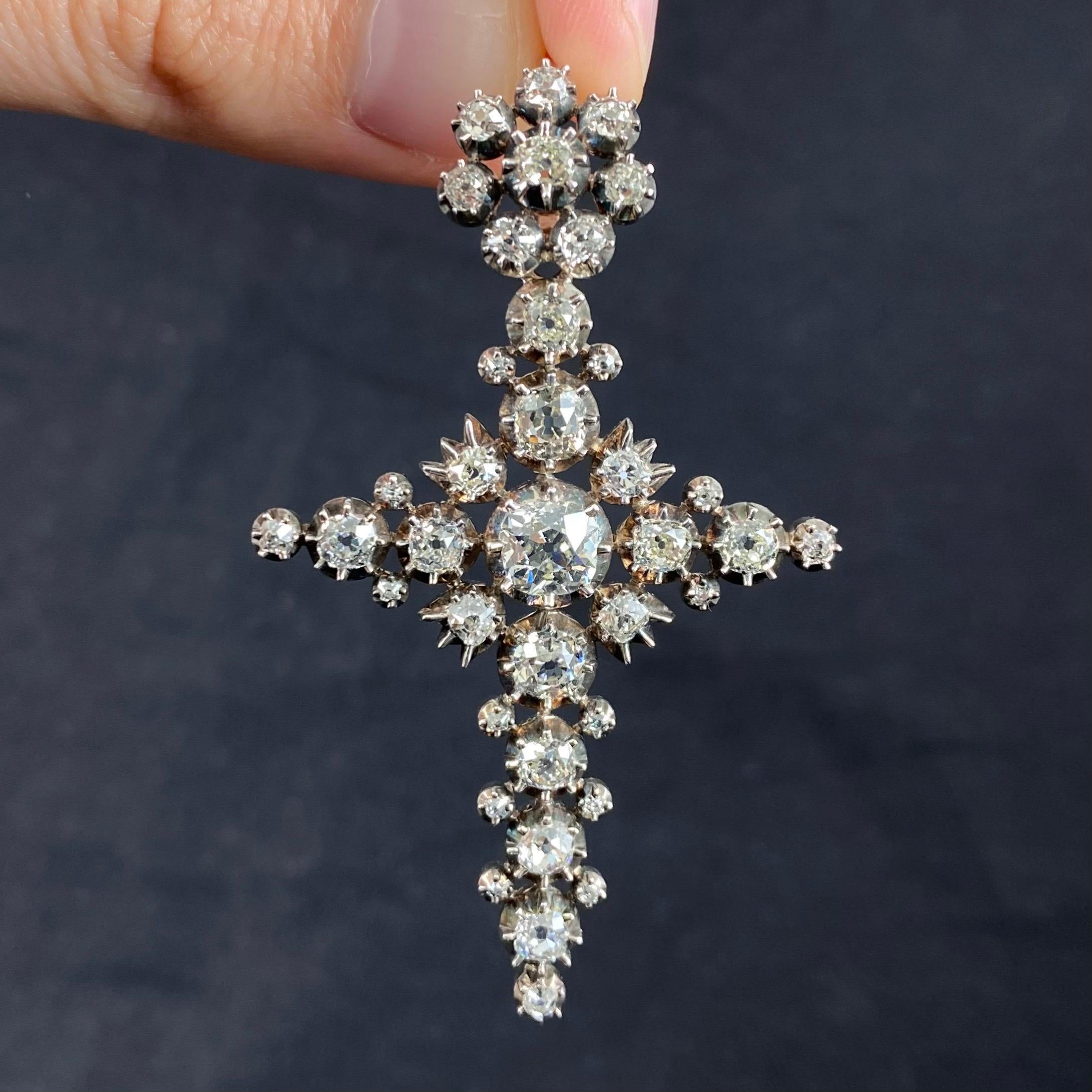 Antique Victorian Old Mine Diamond Cross Pendant Silver Gold Portuguese c. 1880 8