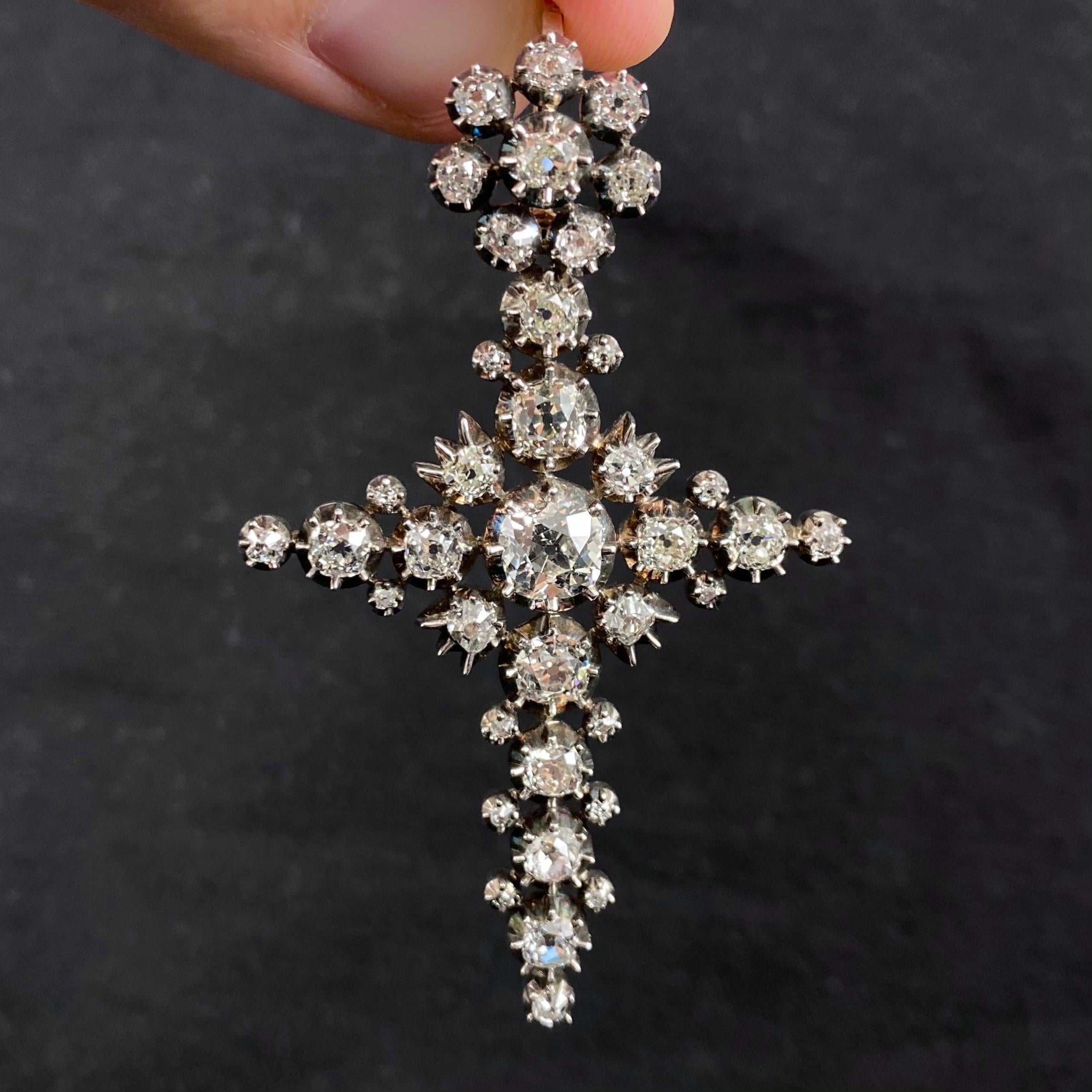 Antique Victorian Old Mine Diamond Cross Pendant Silver Gold Portuguese c. 1880 9