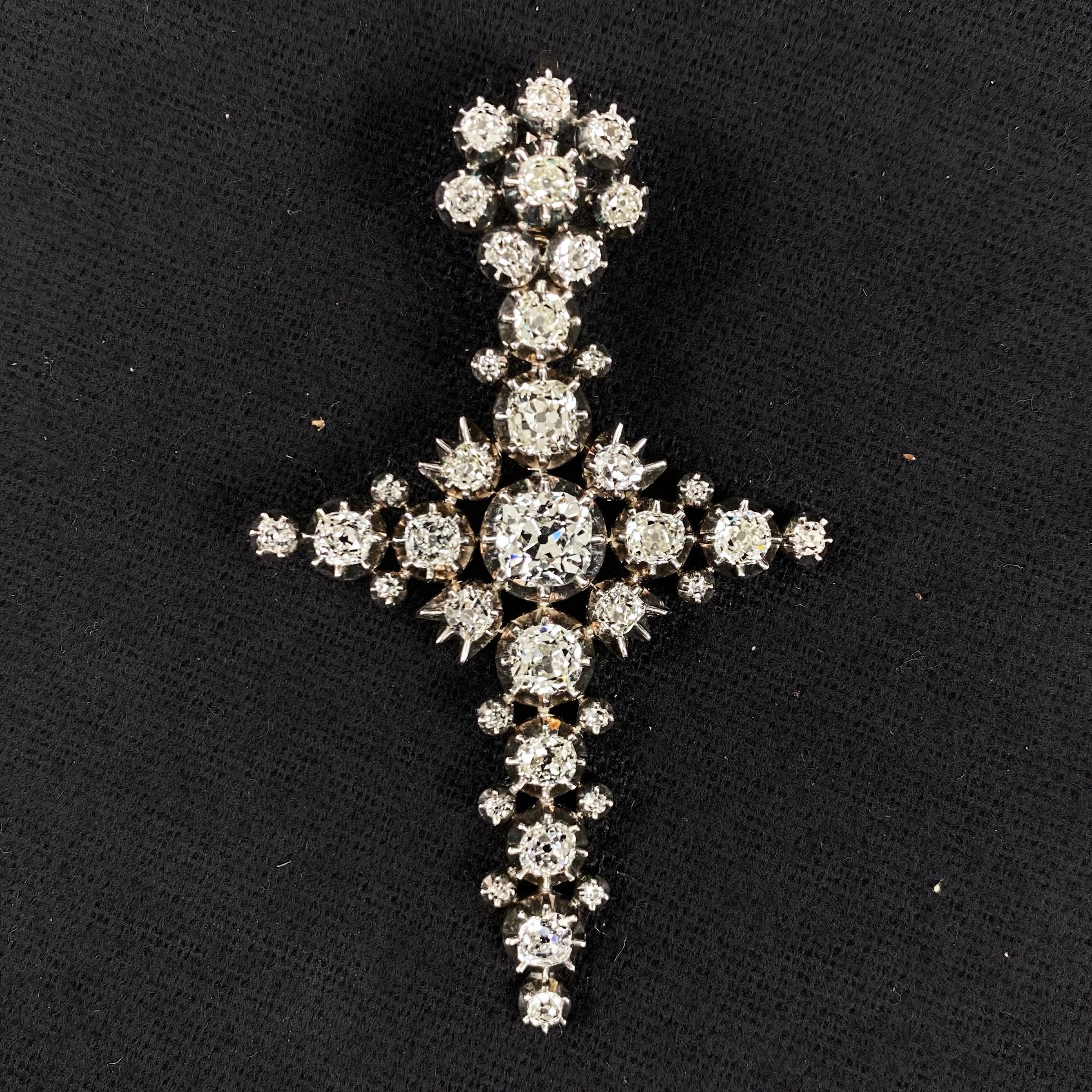 Antique Victorian Old Mine Diamond Cross Pendant Silver Gold Portuguese c. 1880 10