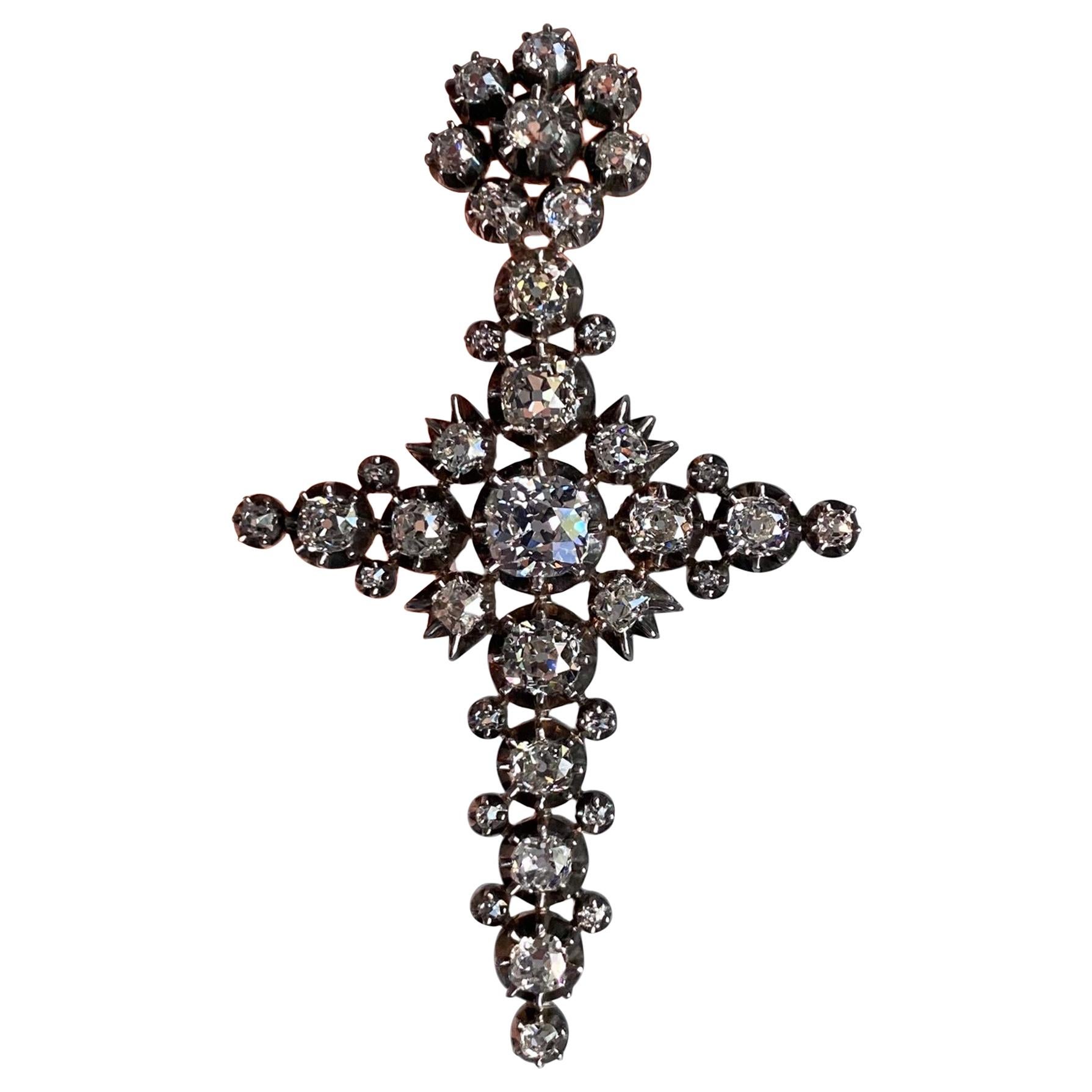 Antique Victorian Old Mine Diamond Cross Pendant Silver Gold Portuguese c. 1880