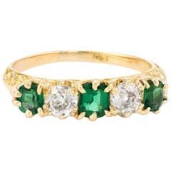 Antique Victorian Old Mine Diamond Emerald Ring 18 Karat Gold Vintage Jewelry