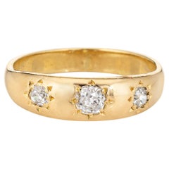 Antique Victorian Old Mine Diamond Ring Three Stone 18k Yellow Gold Gypsy Band