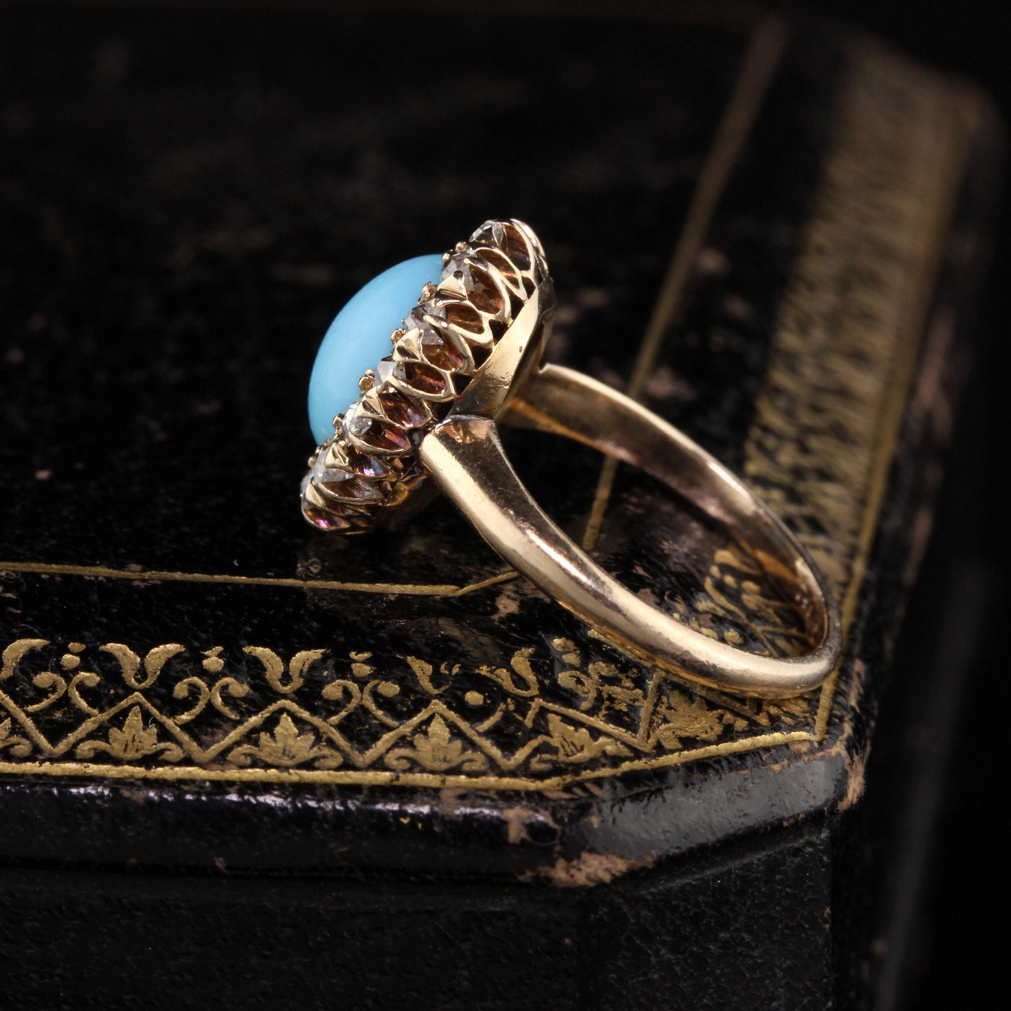 Stunning Victorian ring with a very pretty Turquoise stone in the center surrounded by old mine cut diamonds. 

Item #R0501

Metal: 14K Rose Gold

Weight: 2.5 Grams

Total Diamond Weight: Approximately .45 CT’s

Diamond Color: H

Diamond Clarity: