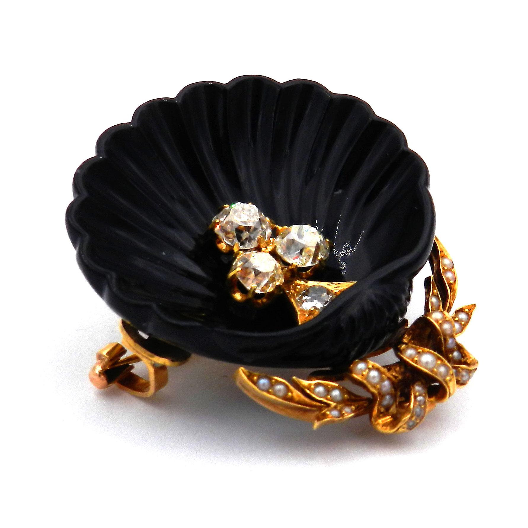 Women's Antique Victorian Onyx 1.4 Carat Diamond Shell Brooch 18K Gold circa 1860 For Sale