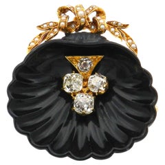 Antica spilla a conchiglia vittoriana in onice da 1,4 carati e diamanti in oro 18 carati, circa 1860