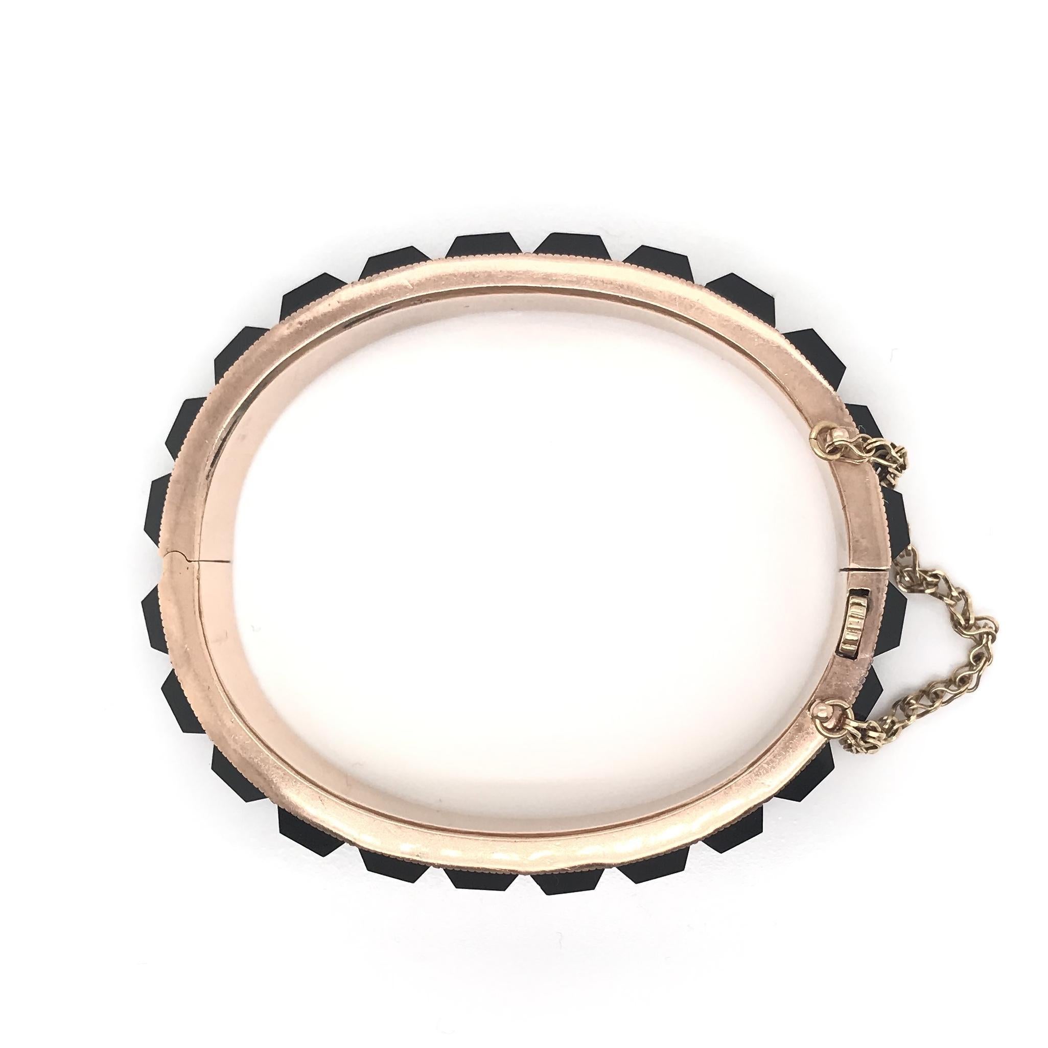 Emerald Cut Antique Victorian Onyx and Rose Gold Bangle For Sale