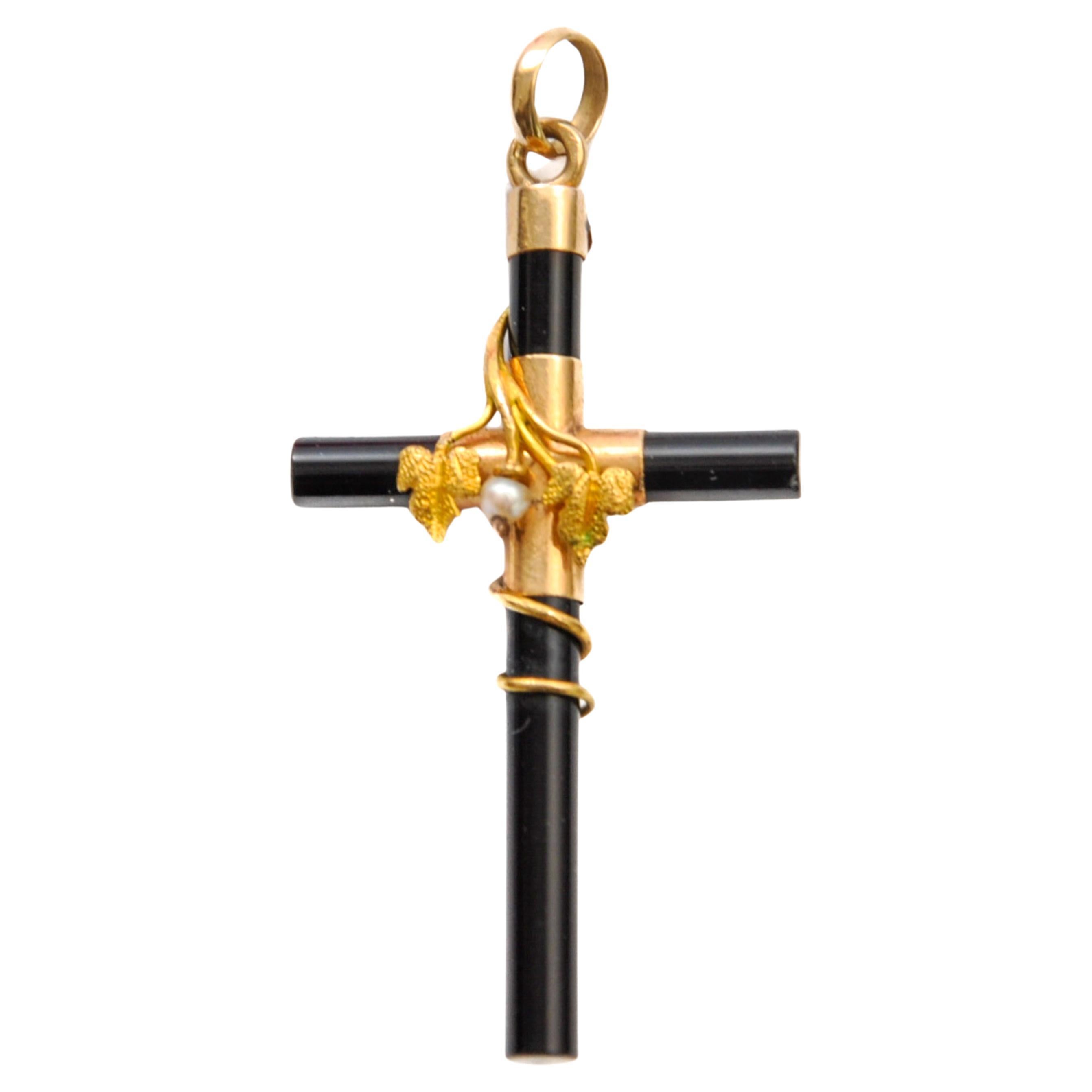 Antiker viktorianischer Onyx-Kreuz-Anhänger aus Onyx mit Saatperlen und Goldblättern