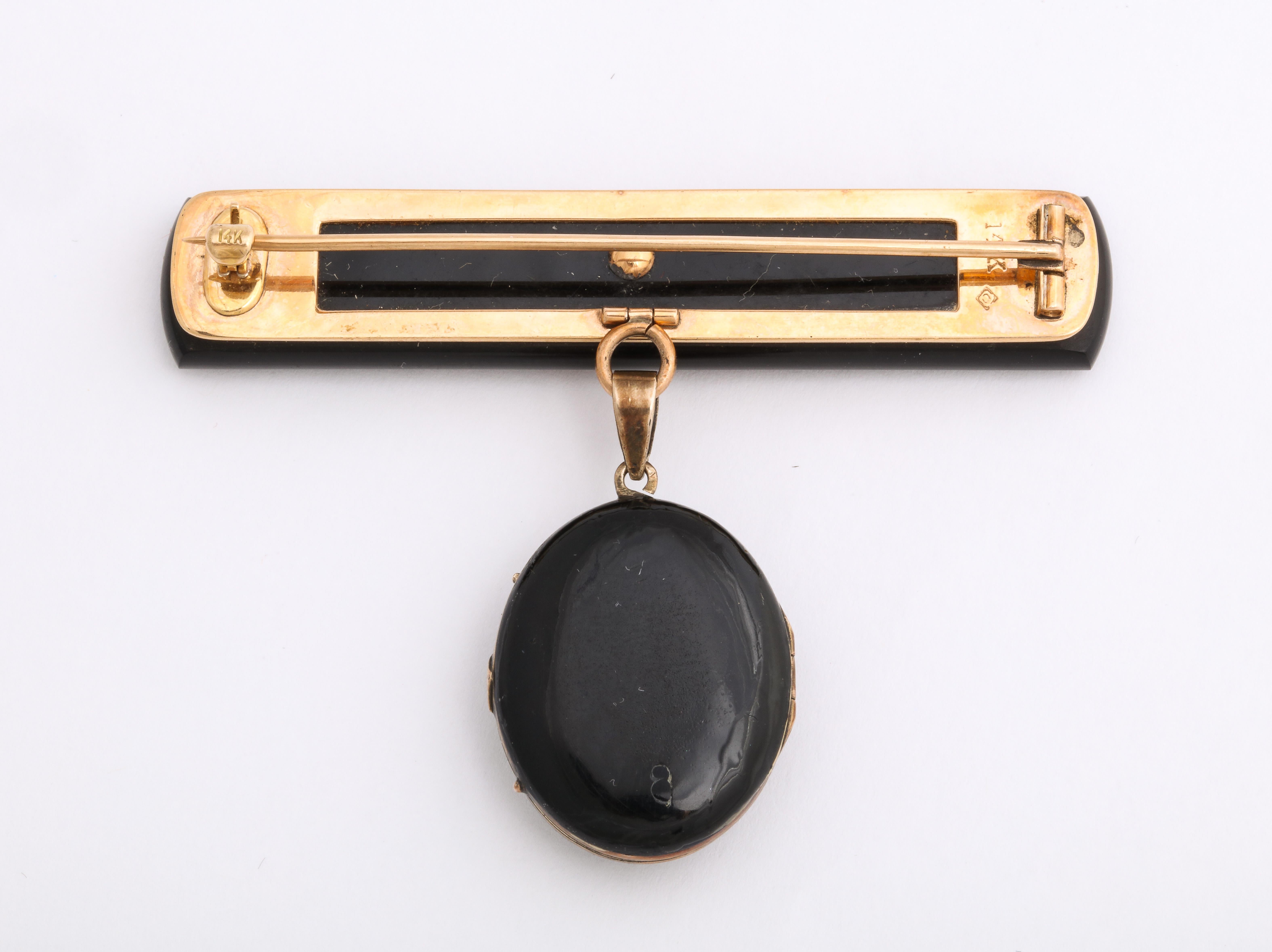 Antique Victorian Onyx, Enamel, Natural Pearl Mourning Brooch and Locket 2