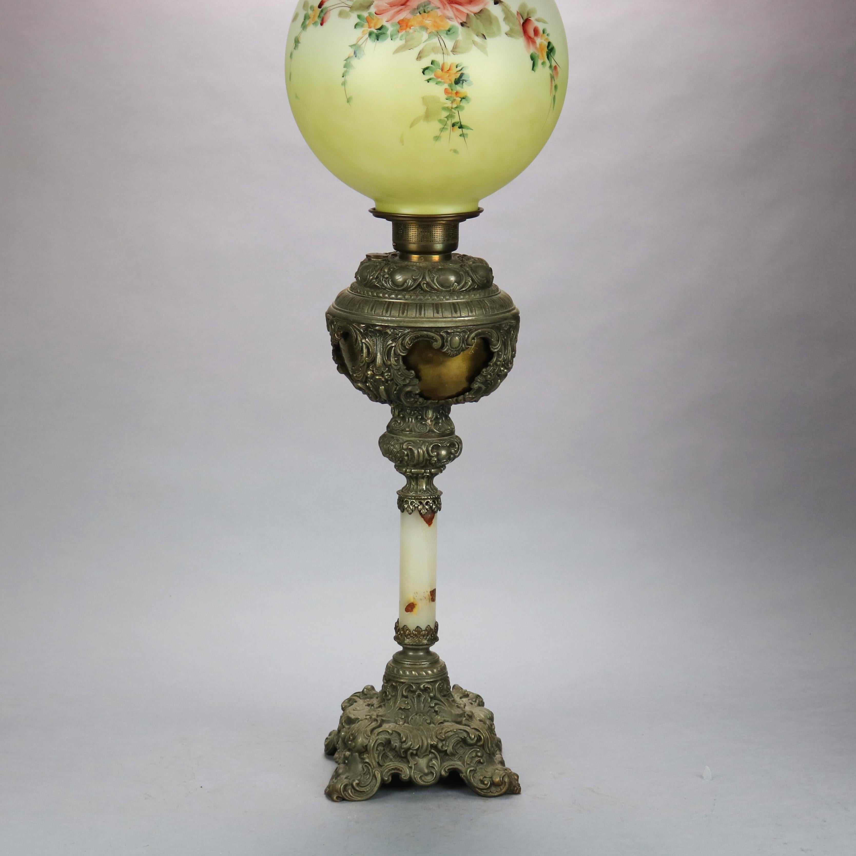 Antique Victorian Onyx & Gilt Metal Parlor Lamp with Hand Painted Globe, c1890 1