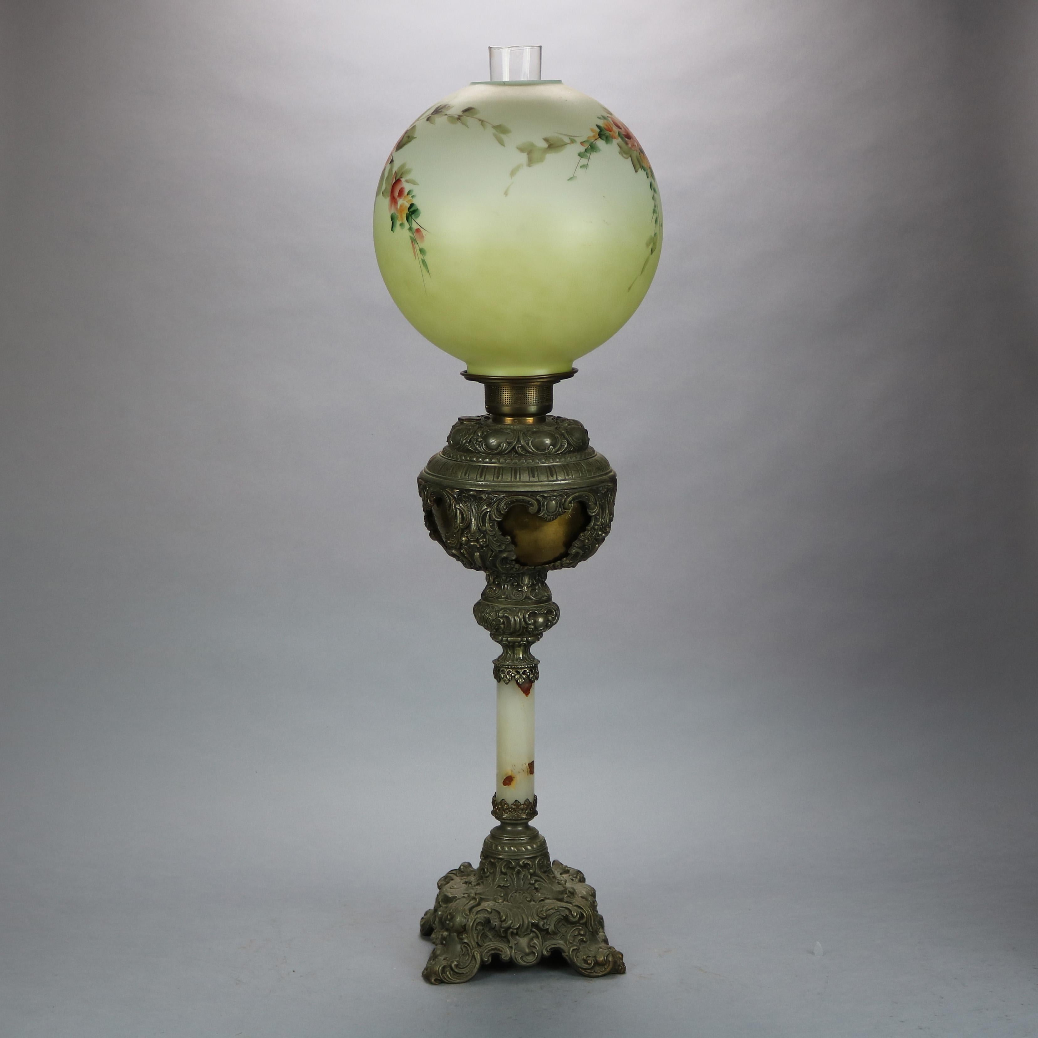 Antique Victorian Onyx & Gilt Metal Parlor Lamp with Hand Painted Globe, c1890 2