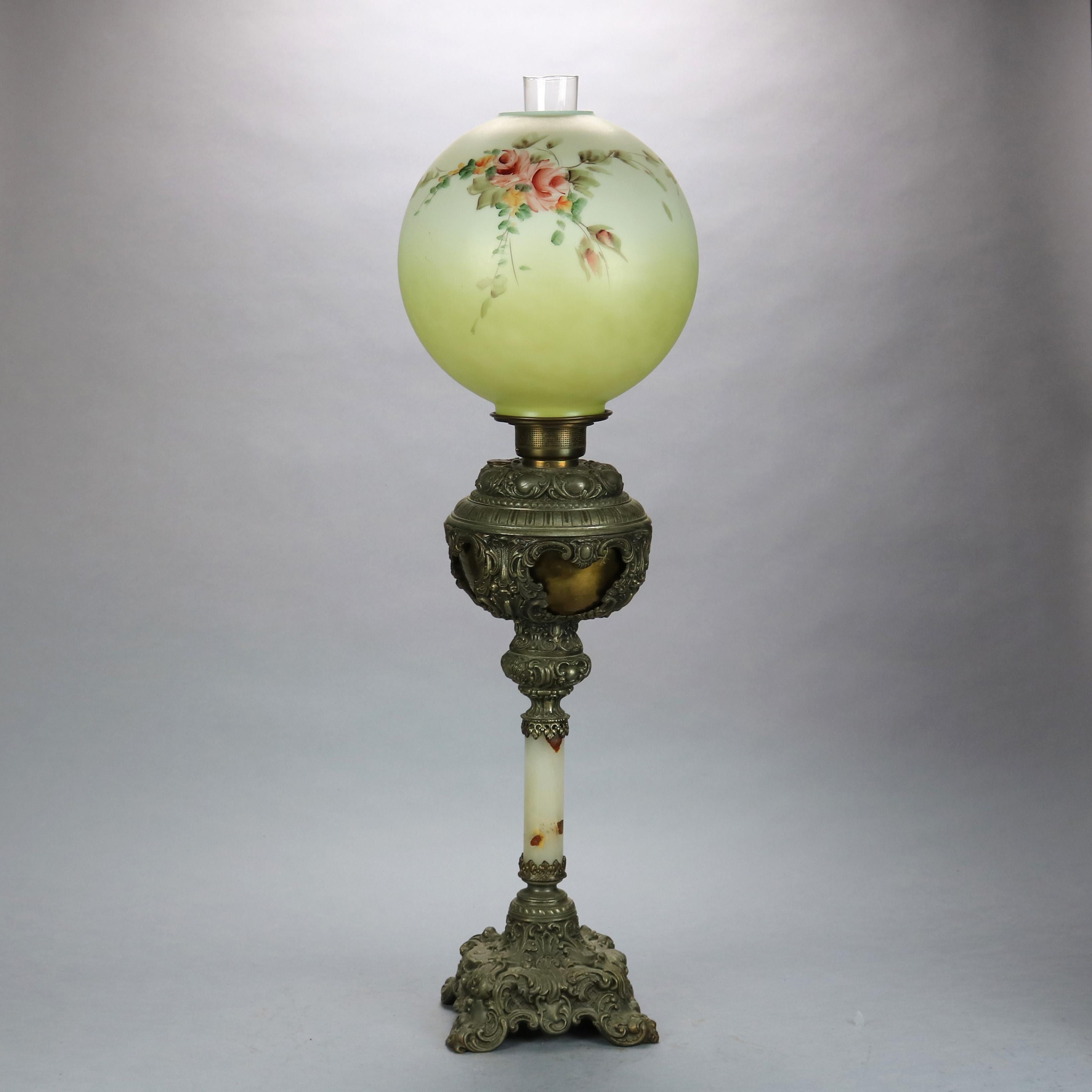 Antique Victorian Onyx & Gilt Metal Parlor Lamp with Hand Painted Globe, c1890 3