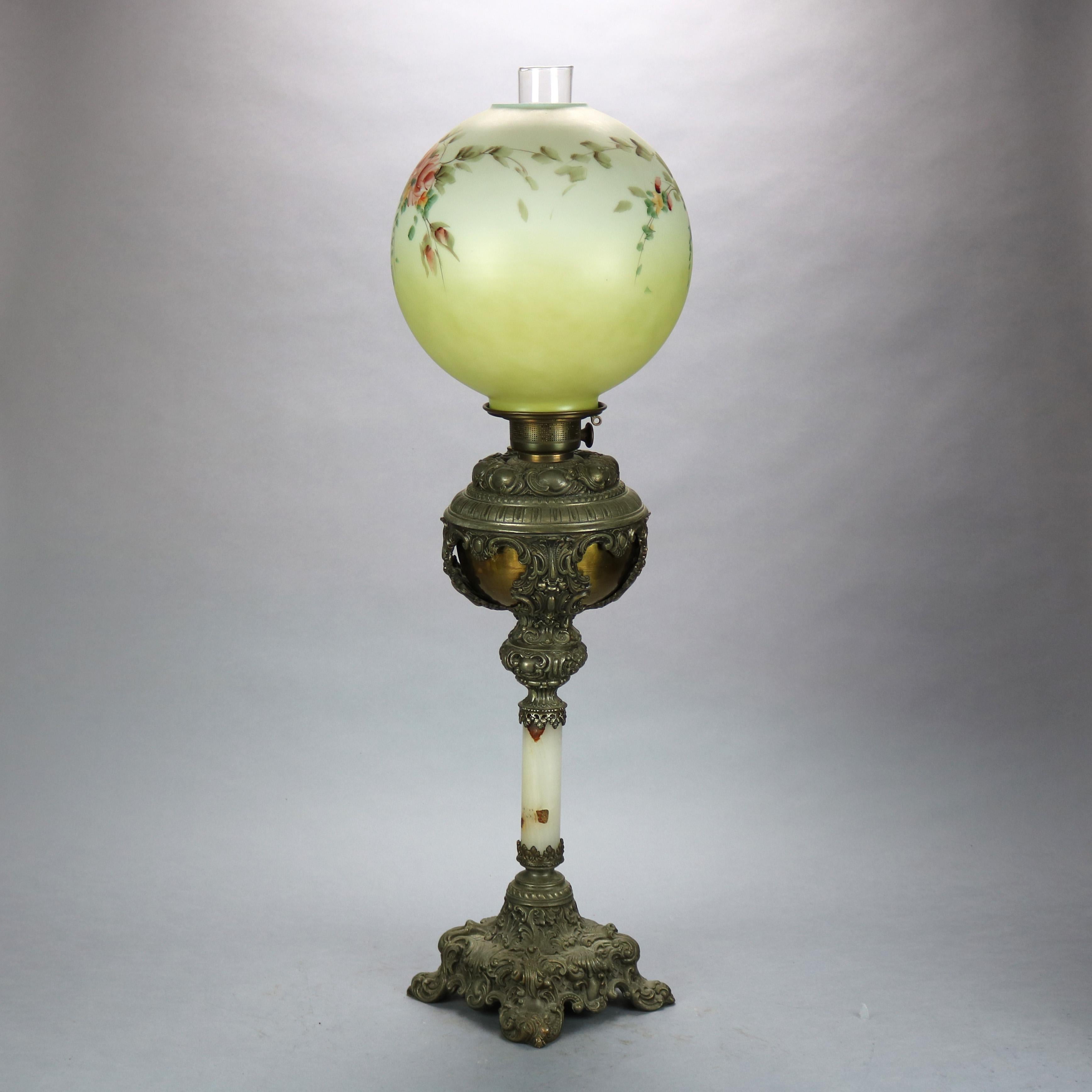 Antique Victorian Onyx & Gilt Metal Parlor Lamp with Hand Painted Globe, c1890 4