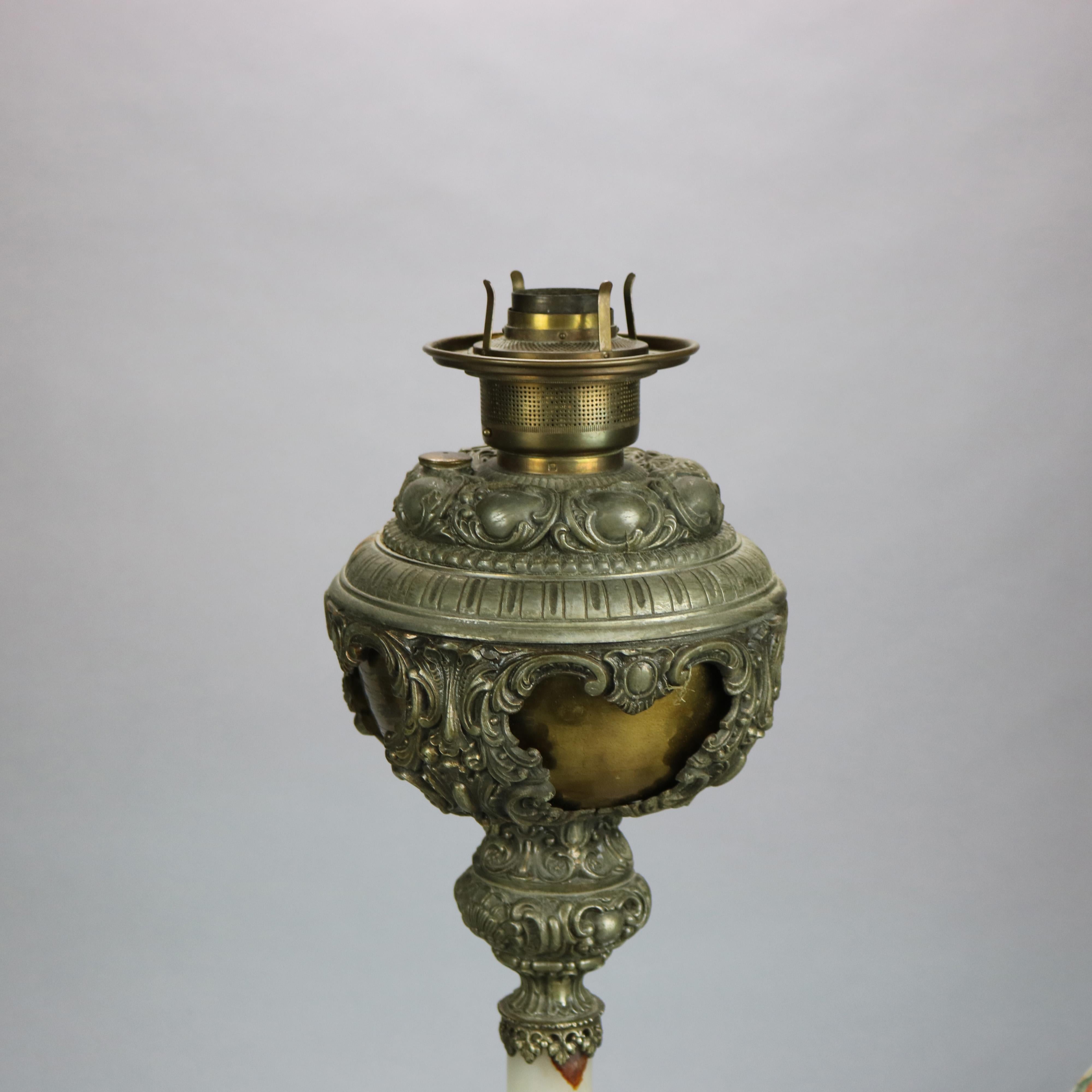 Cast Antique Victorian Onyx & Gilt Metal Parlor Lamp with Hand Painted Globe, c1890