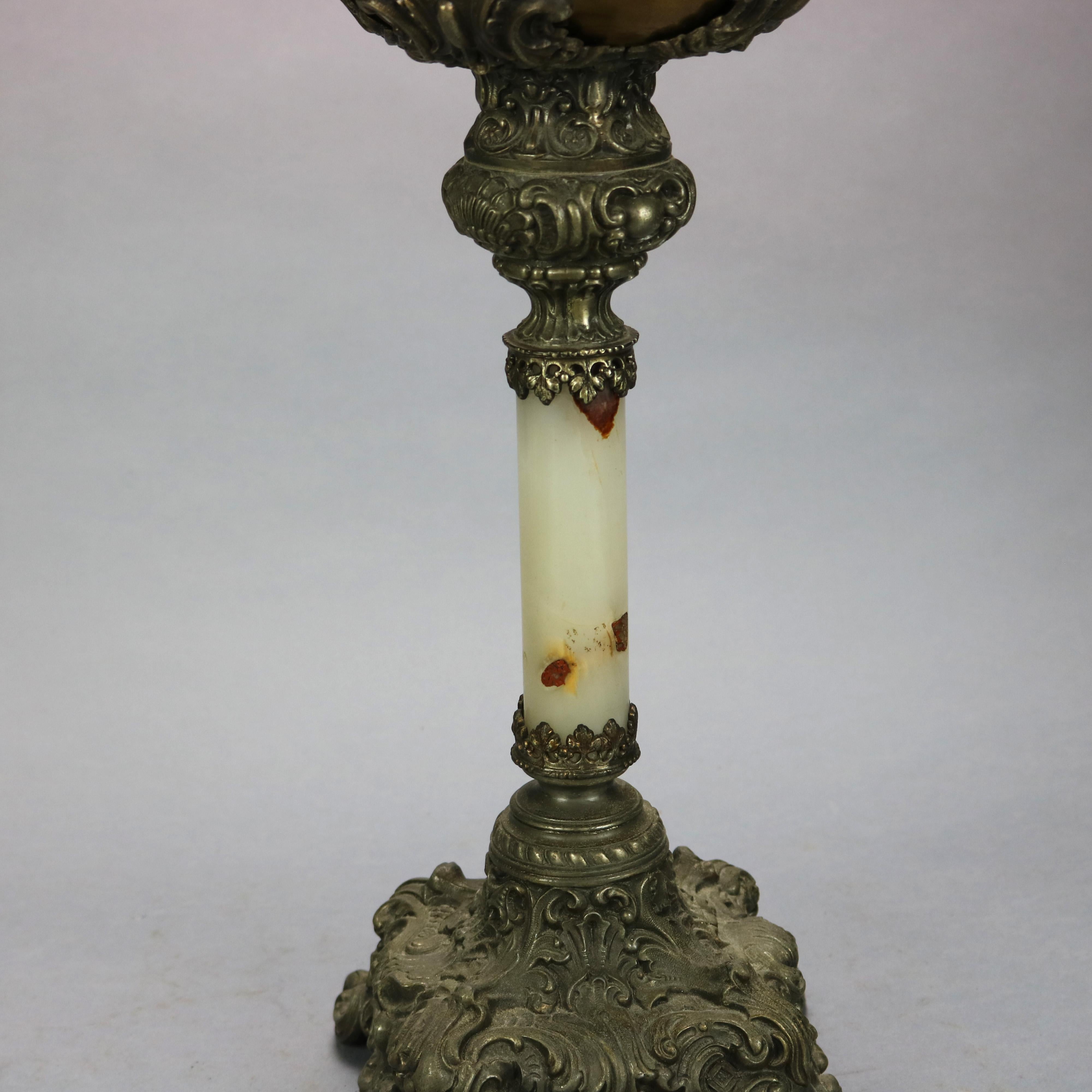 Antique Victorian Onyx & Gilt Metal Parlor Lamp with Hand Painted Globe, c1890 In Good Condition In Big Flats, NY
