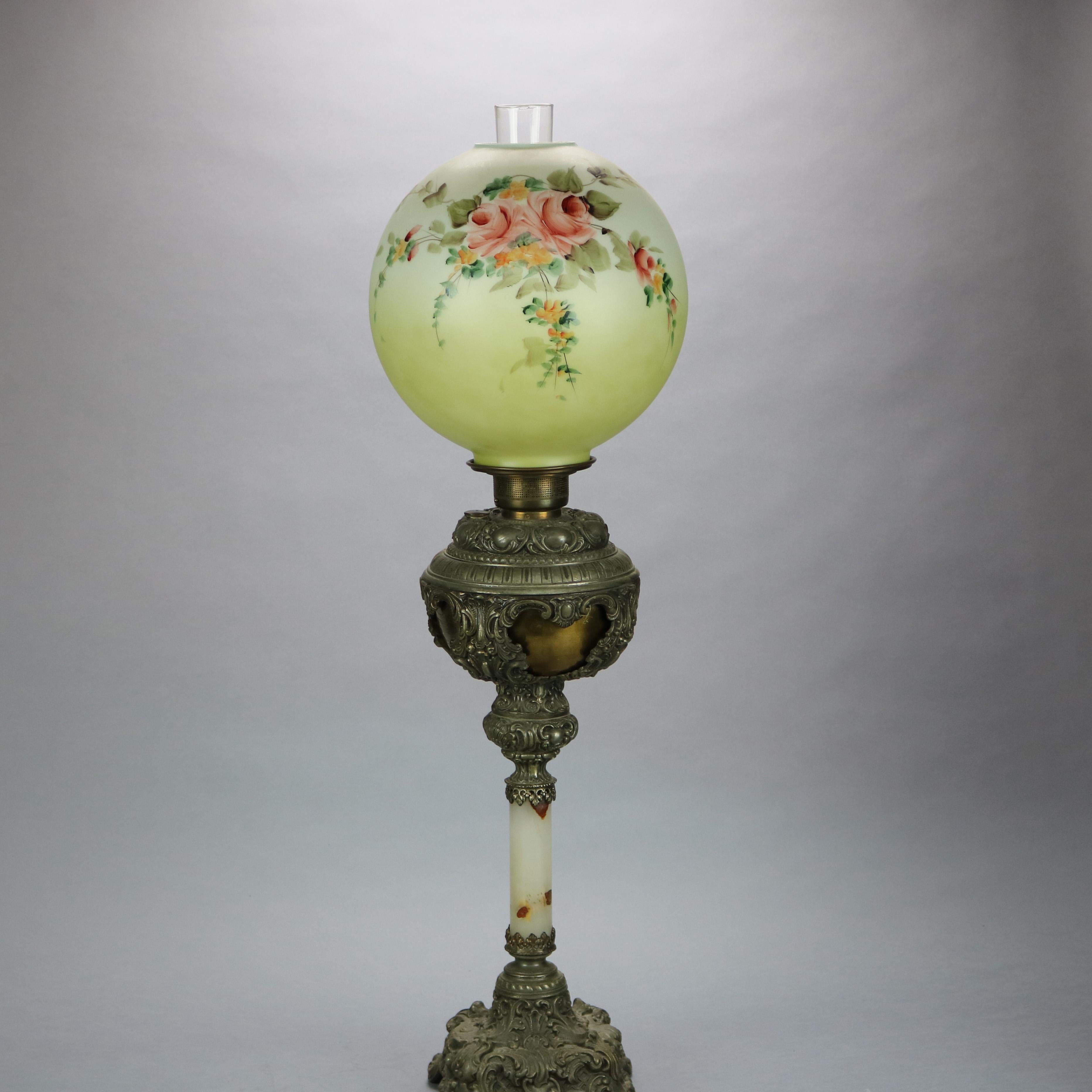 19th Century Antique Victorian Onyx & Gilt Metal Parlor Lamp with Hand Painted Globe, c1890