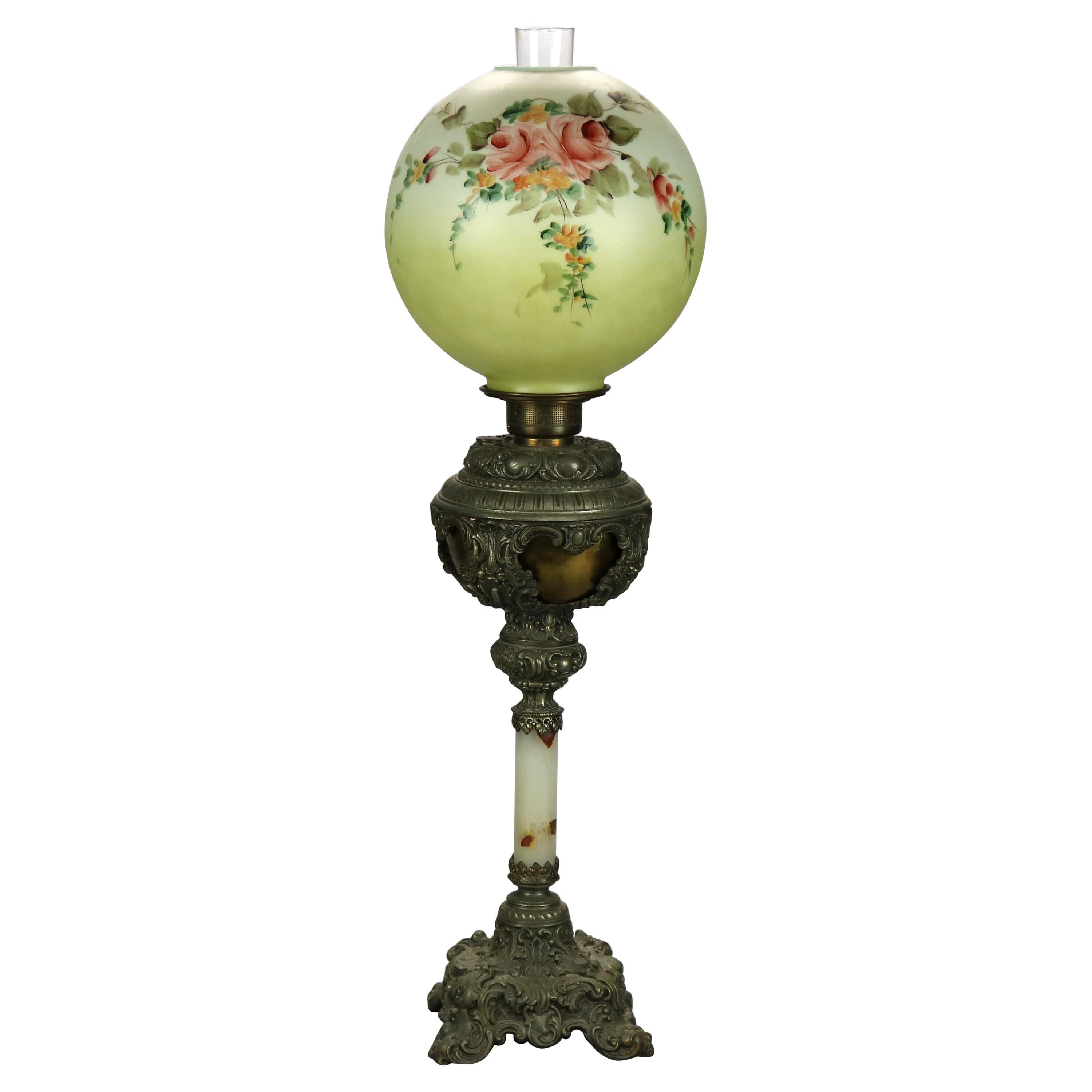 Antique Victorian Onyx & Gilt Metal Parlor Lamp with Hand Painted Globe, c1890