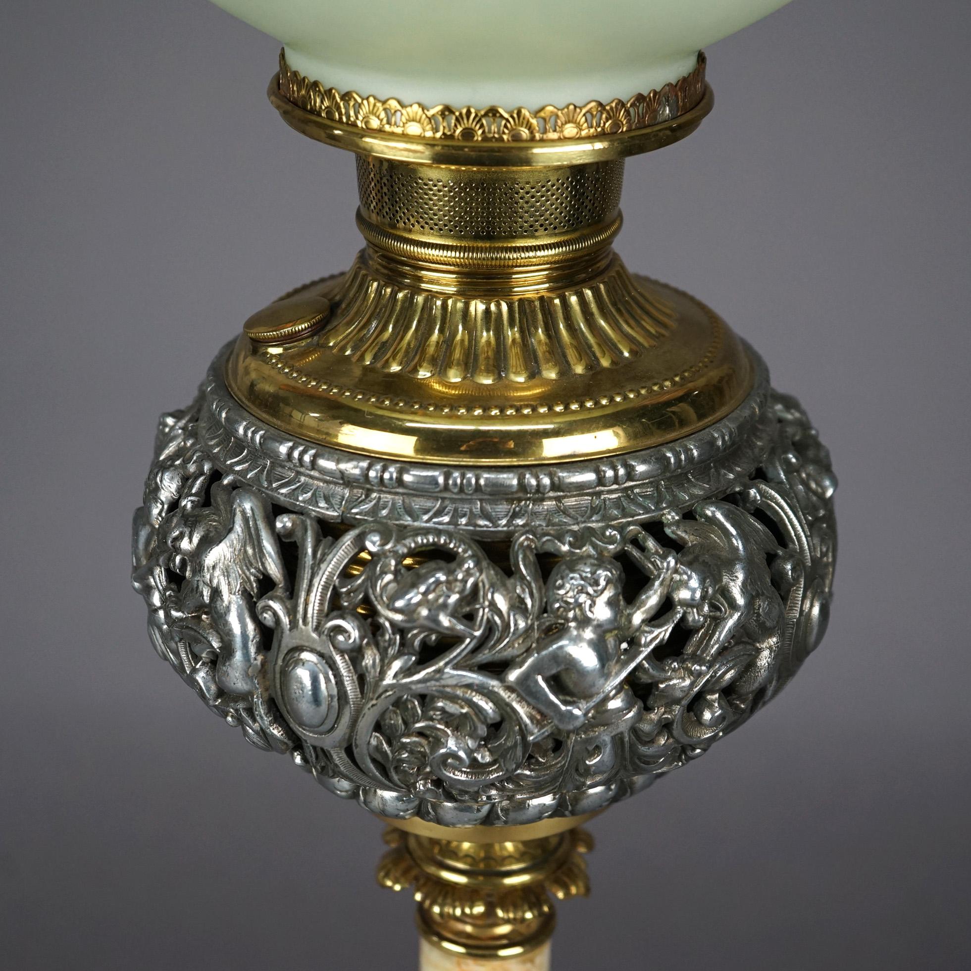 Métal Lampe de salon victorienne ancienne en onyx, doré et métal argenté avec chérubin, c. 1890 en vente