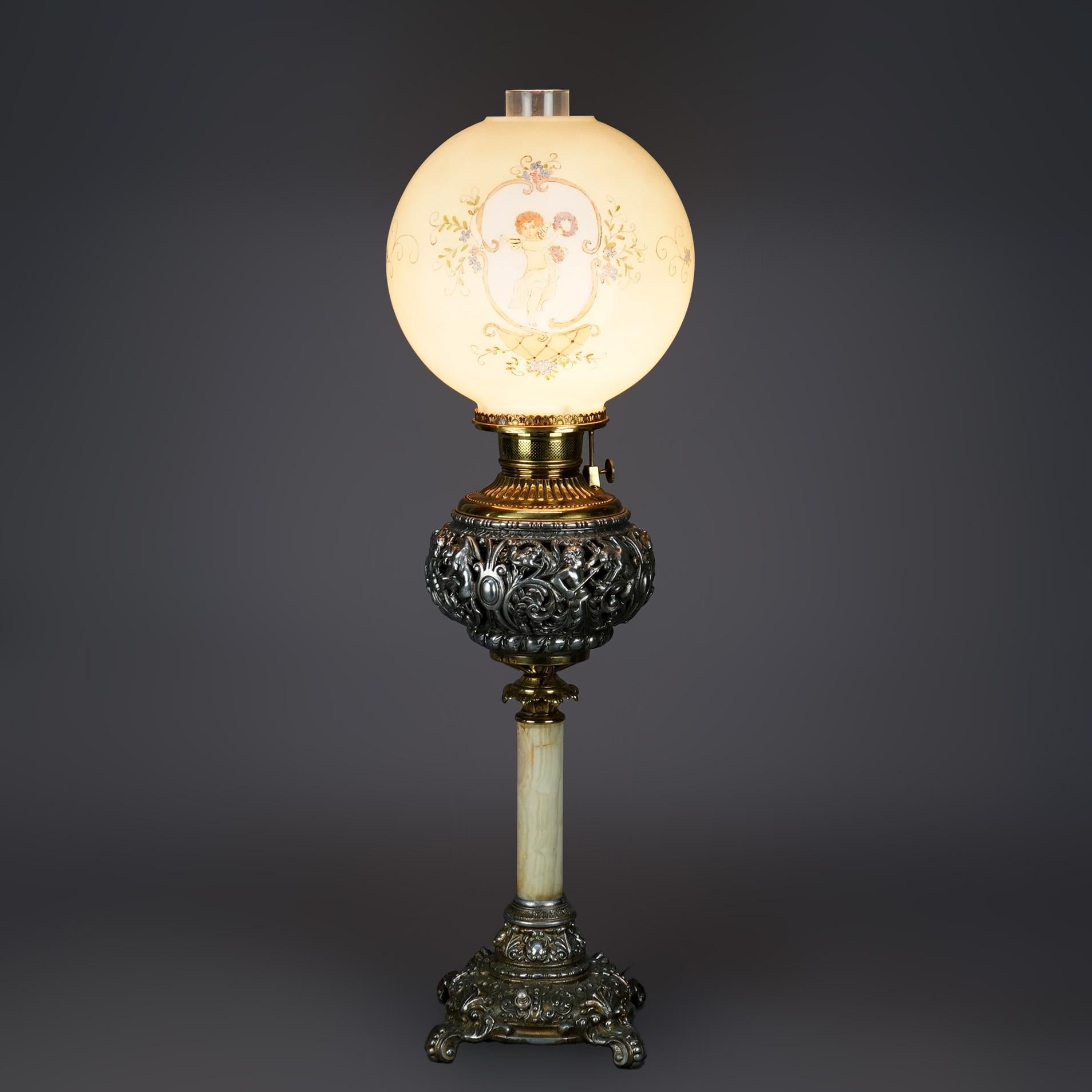 Antike viktorianische Cherub-Salonlampe aus vergoldetem und versilbertem Metall, um 1890 (Viktorianisch) im Angebot