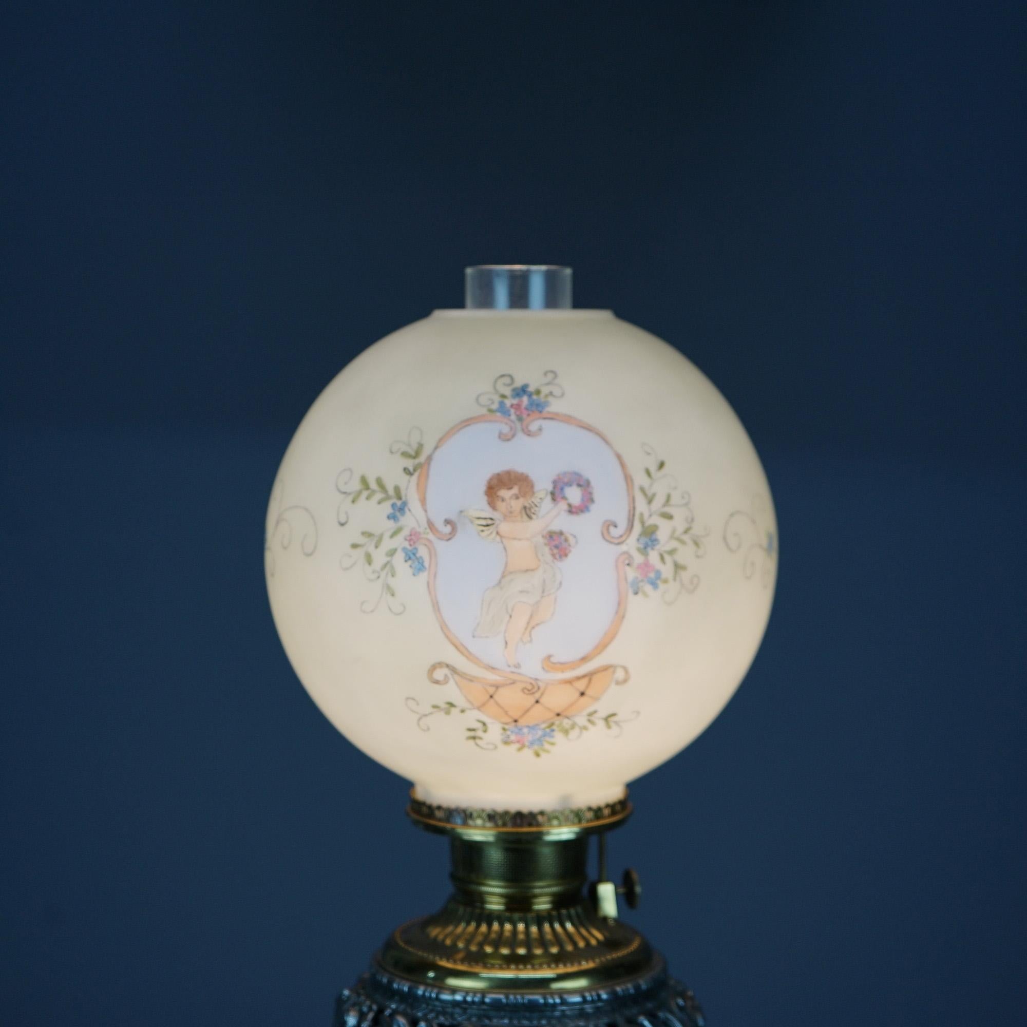 American Antique Victorian Onyx, Gilt & Silvered Metal Figural Cherub Parlor Lamp C1890 For Sale