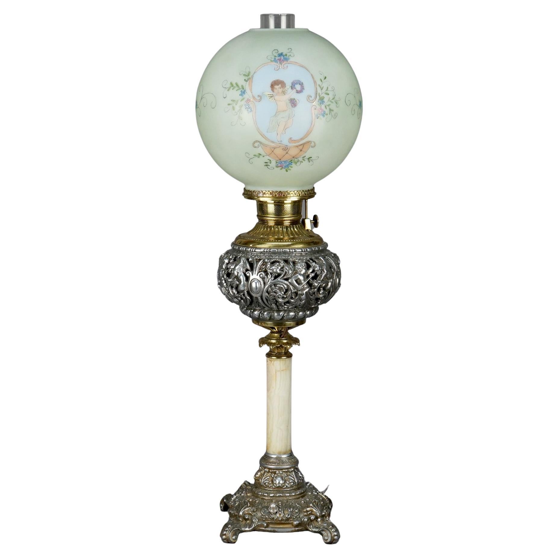 Lampe de salon victorienne ancienne en onyx, doré et métal argenté avec chérubin, c. 1890 en vente