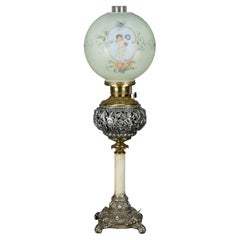 Lampe de salon victorienne ancienne en onyx, doré et métal argenté avec chérubin, c. 1890