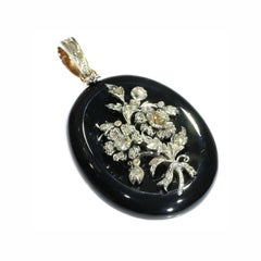 Antique Victorian Onyx Locket Pendant with Diamond Loaded Bouquet on Top