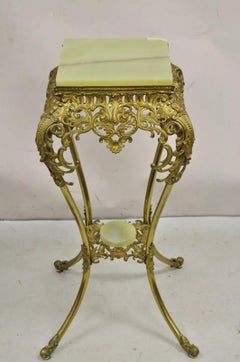 Antique Victorian Onyx Ornate Gilt Brass Plant Stand Pedestal Side Table
