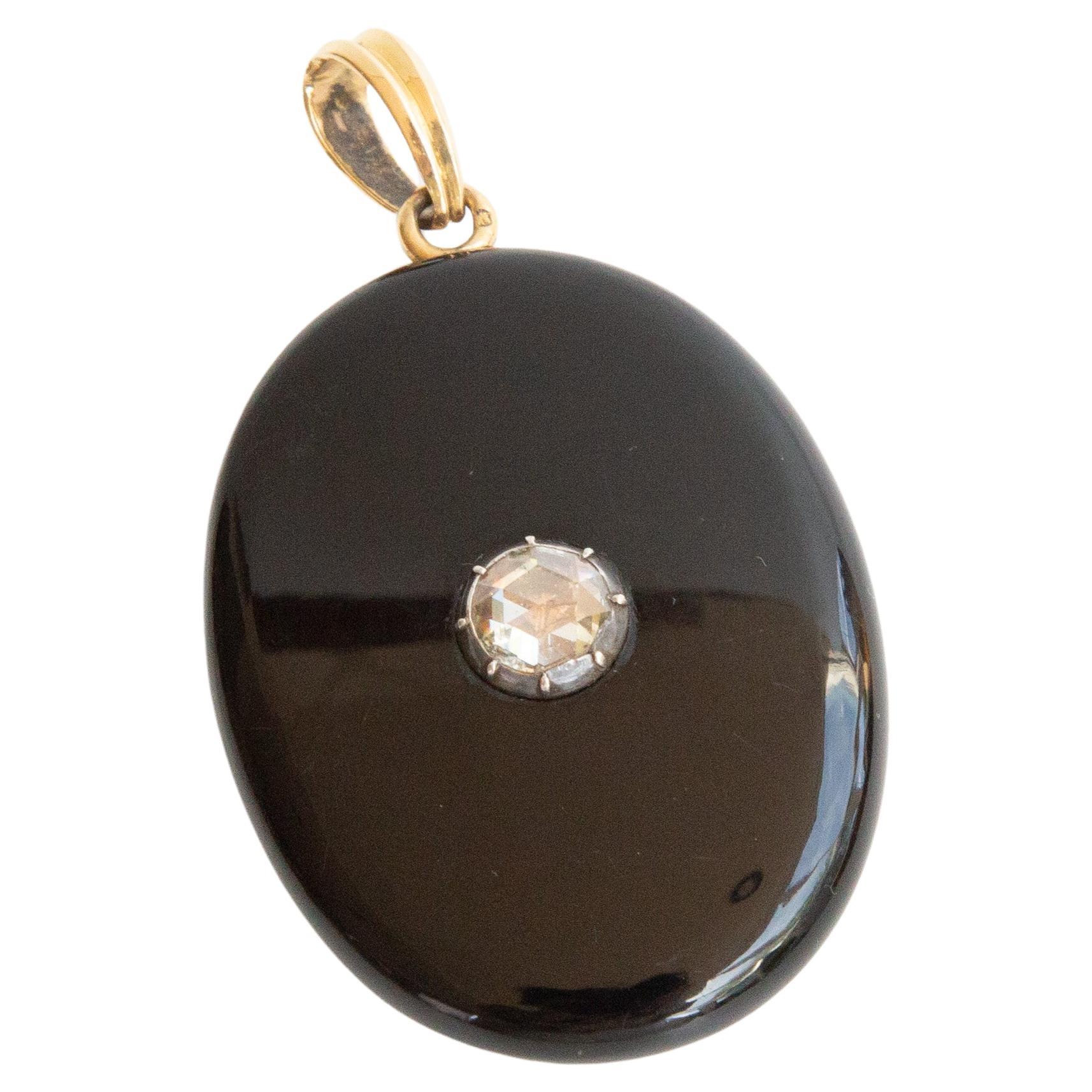 Antique Victorian Onyx Rose Cut Diamond and 14 Karat Gold Locket Pendant For Sale