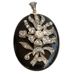 Antique Victorian Onyx Rose Cut Diamonds and 14 Karat Gold Locket Pendant