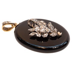 Antique Victorian Onyx Rose Cut Diamonds and 14 Karat Yellow Gold Locket Pendant